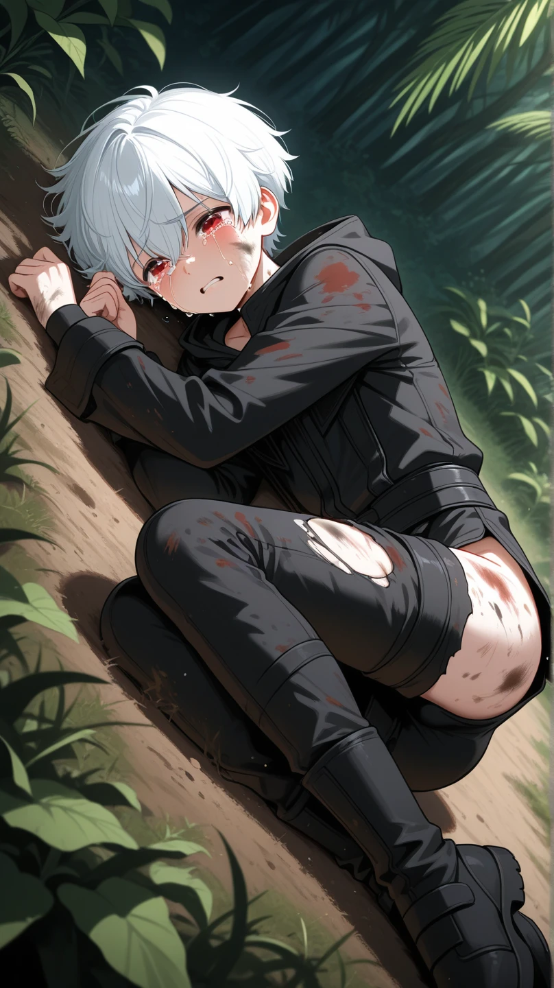 Pale skinned woman with burn scars on her left arm and below her left eye with silver hair, small tits, big hips and silver colored eyes. covered in a dirty rag, a tired face that looks like he is about to lose consciousness and a chained slave being rescued by a man dressed in a sleeveless jacket and a white long sleeve shirt
