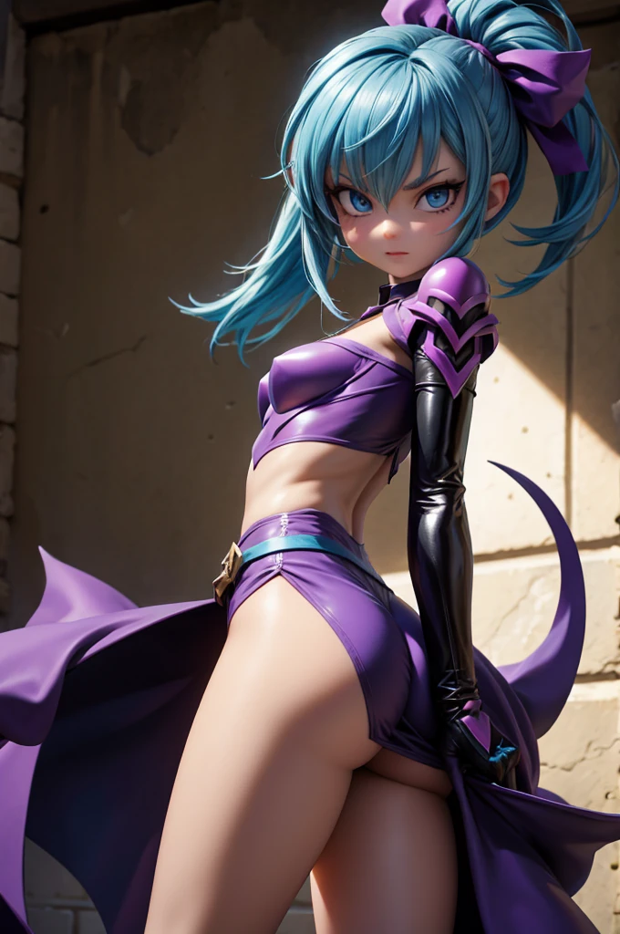 girl with octopus tentacles, short purple hair, beautiful emerald green eyes, closed mouth, exciting pose, smile, full body, unique costume with tentacles, looking forward, deep sea background, black and purple theme, playful and cheerful expression, black and purple costume with tentacles, lively design,