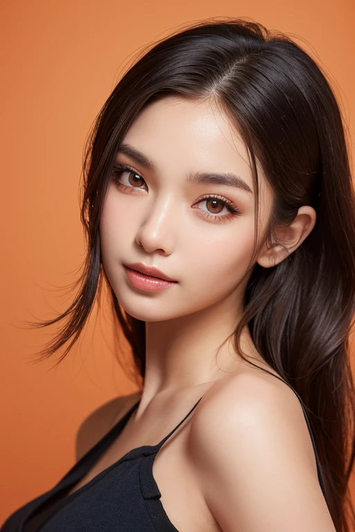  Professional photograph of a 25 years old pretty girl with grey eyes,  black middle-length curly hair, slightly open mouth and pale skin with a  rosy complexion, in a black turtleneck crop top. Facing slightly  to the right, turning the head towards the camera. Muted background.