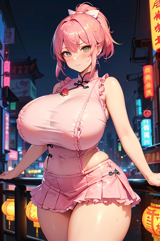 ((Highest quality, 8k, masterpiece :1.3)), (Sharp focus :1.2, Beautiful woman with perfect figure :1.4, Slim Abs :1.2), ((Big Breasts, Emphasize cleavage, The underboob is visible:1.3)), (Photorealistic:1.4), (realistic:1.4), (Pink Hair:1.5), Highly detailed face and skin texture, Fine grain, double eyelid. Makeup face, A little bit of lipstick, sex appeal, Sexy gravure pose, ((Pink blouse and white skirt。The background is the museum、night show。Accessory: silver necklace。:1.3)