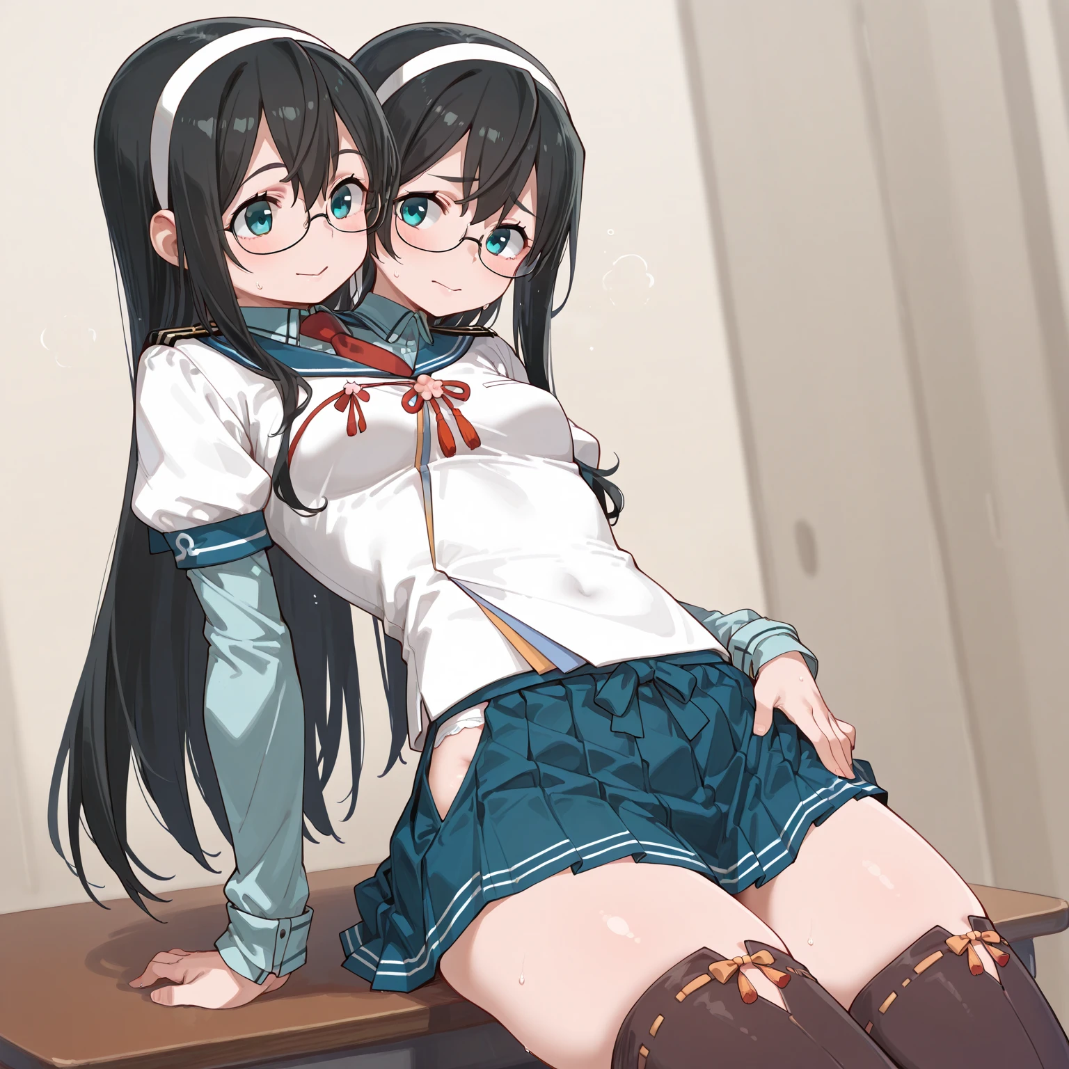 ultra-detailliert, Best Quality, High resolution, ((Two cute s with dark hair)), Pretty eyes、Looking at Viewer, pale skin, Petite,(naked)、(I don't wear panties)、(flat chest), (Glasses), (blush:1.2), (big eye:5.0), An embarrassed smile, NSFW, atlibrary、Focus on the face、 (Long hair)