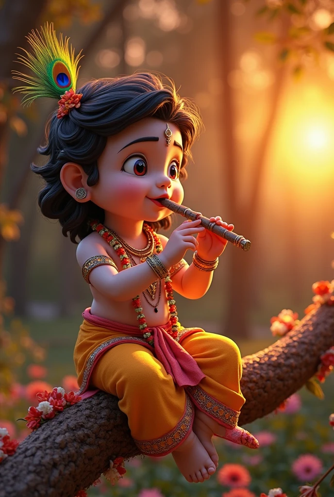 Creat a image of little baby boy dressed in kanha Ji's dress and sitting on tha sofa chair having flute in tha hands and named Radhe on the wall