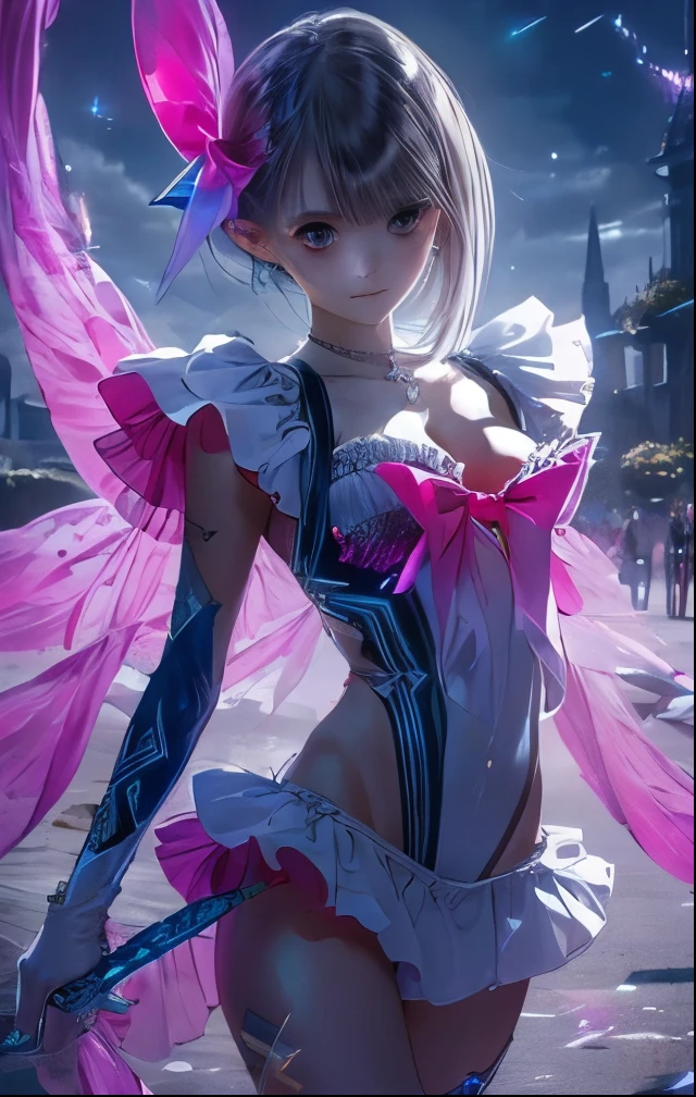 (((SFW、Highest quality、 first class masterpiece 、 Normal Body 、32k、 detailed face 、super precise、 normal hand、5refer to、Highest)))Shirai Hinako、Magical Girl、Silver-white hair、bob cut、odd-eye、Heterochromia、Glowing Hair、beautiful breasts、Slender、 slim、Petite、 can be used、masochist、(((Chain Lead Slave Iron Collars:1.3)))、(((metal collar )))、Racy High Leg Costume、Racy High Leg Slingshot Costume、 Navel Exposure 、embarrassed blush、Unerasable Sexual Heart Tattoos、The imprint of heart pimples on the abdomen、indelible womb tattoo、Collars Suitable for Slaves、Connected to a large number of chains、ChainBondage、Chain、slave warrior、During combat、Blue Sword、fantasy space、Fall into Darkness、Fallen into evil