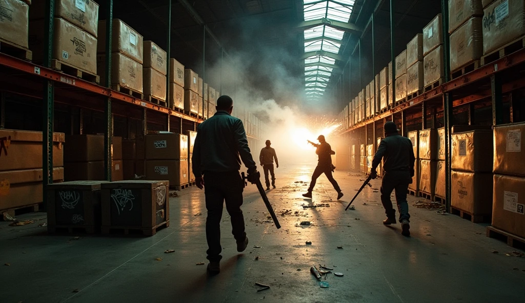 Warehouse raid: cartel vs Ballas, wide fisheye lens, harsh overhead industrial lighting with deep shadows, sparks flying from ricochets, graffiti tags and broken crates, digital noise and glitch overlay, noir urban art style.