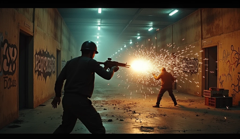 Warehouse raid: cartel vs Ballas, wide fisheye lens, harsh overhead industrial lighting with deep shadows, sparks flying from ricochets, graffiti tags and broken crates, digital noise and glitch overlay, noir urban art style.