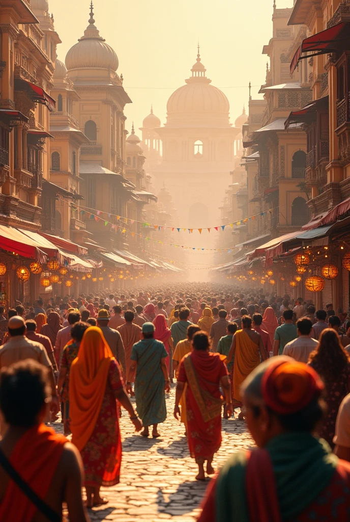 :** A vibrant depiction of improved public infrastructure, such as newly constructed roads, bridges, or public buildings in Kota during Maharaja Ram Singh's reign. Include local citizens benefiting from these developments.in Dall e-3 style
