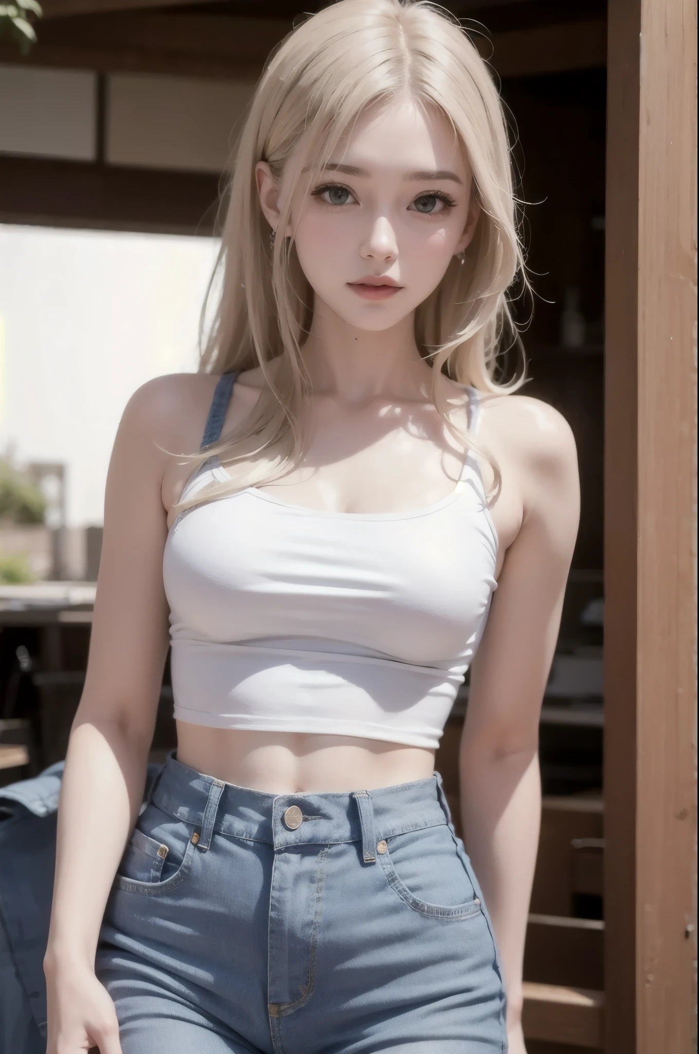 Realistic, high resolution, 1 girl, white wavy hair, Korean, heterochromic eyes, small moles under the eyes, loose white shirt, skinny denim shorts, large breasts, thighs, panties visible Masterpiece, realism