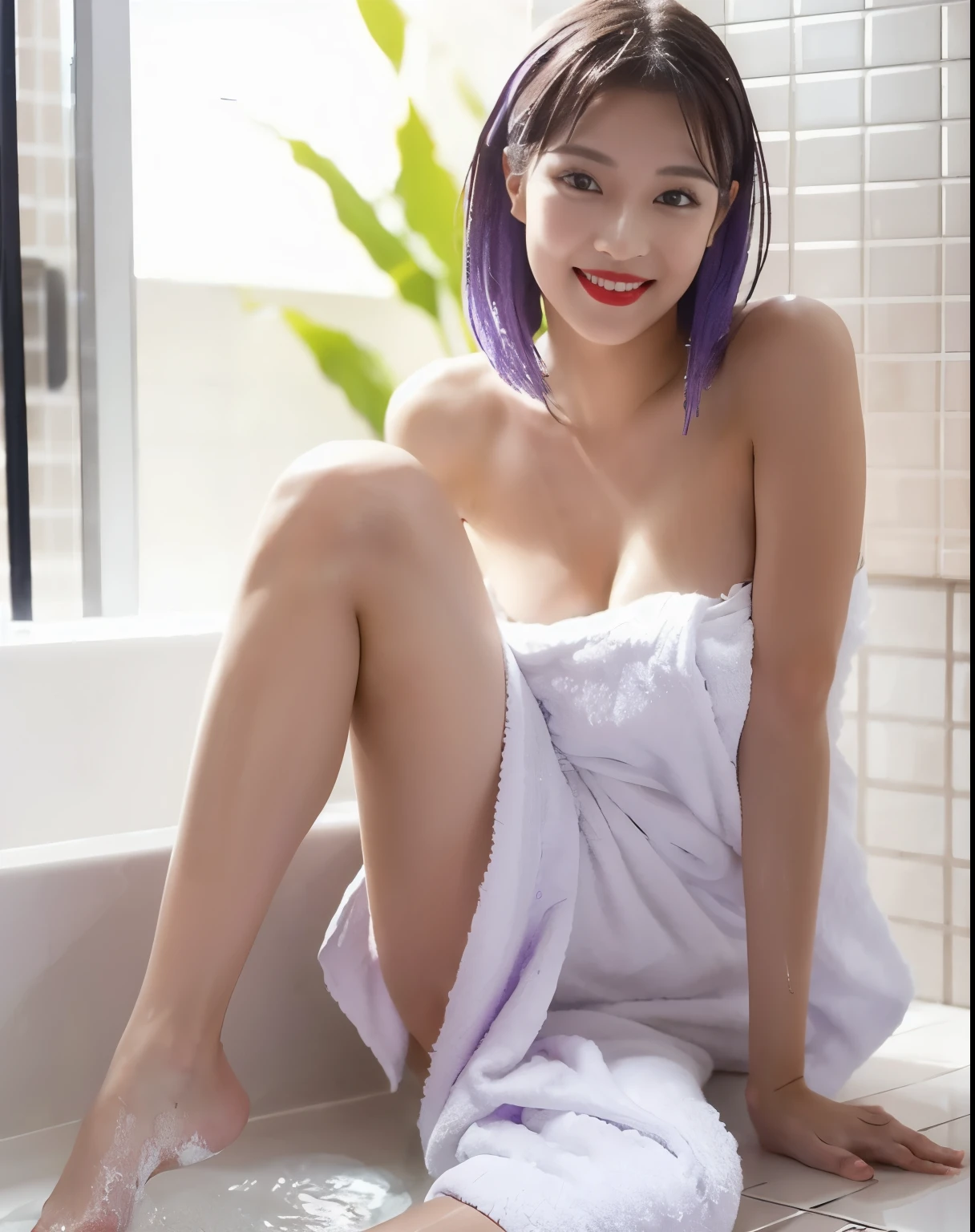 Beautiful legs, barefoot, ultra details, masterpiece, top quality, beautiful, details, alone, charming smile, red lips, one girl at the Expo, purple eyes, silver hair, Sexy Poses, big breasts, Low Hair Ring, and open your legs, is taking a shower here, I'm wrapping a thin bath towel around my body