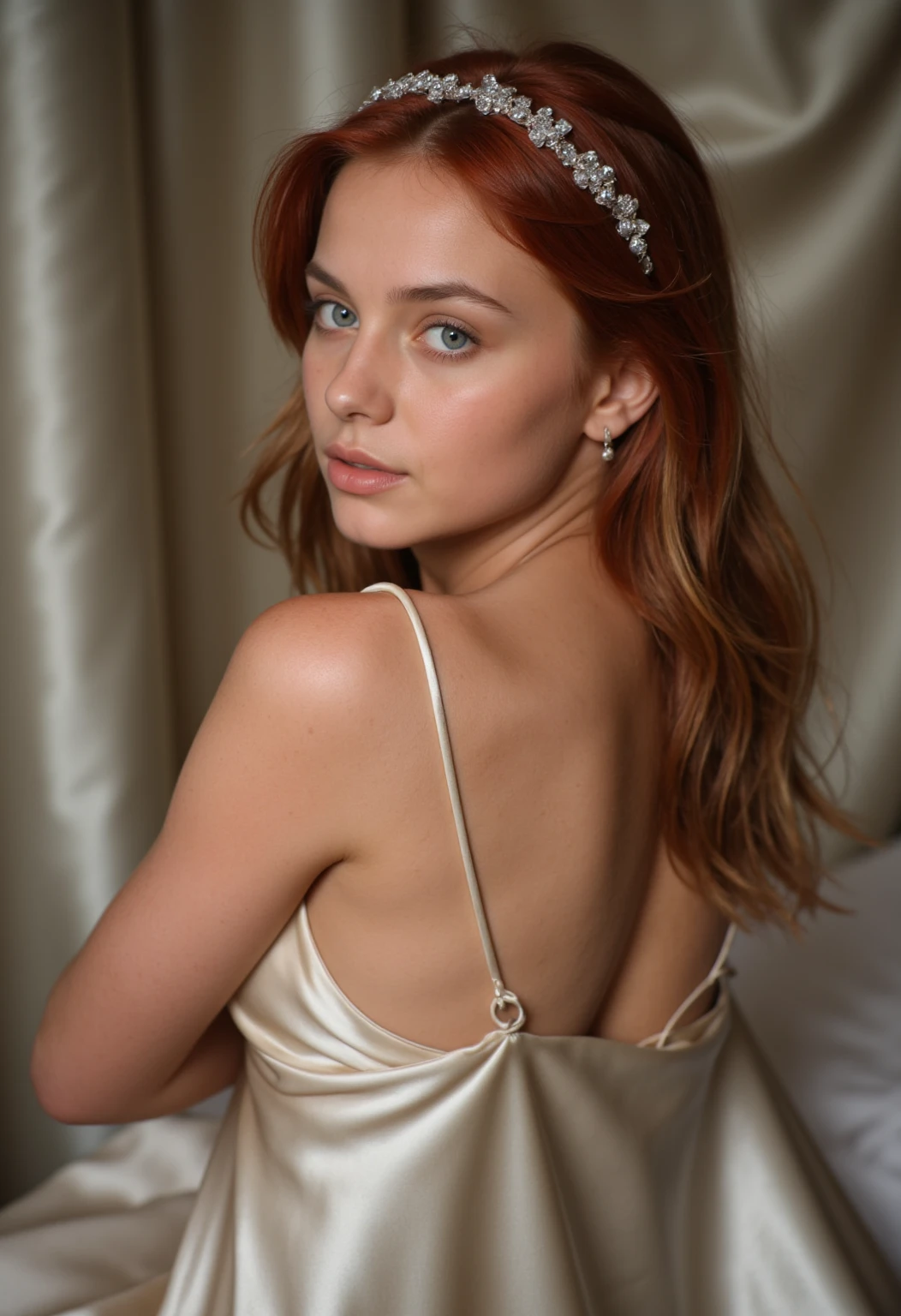 nsfw, digitl art, art deco, work of art, adult woman with red hair, transparent chiffon blouse, white silk panties, camel toe, hips, neckleace, breasts small, perfects eyes, fleshy lips, intricate-detail, volumetric lighting
