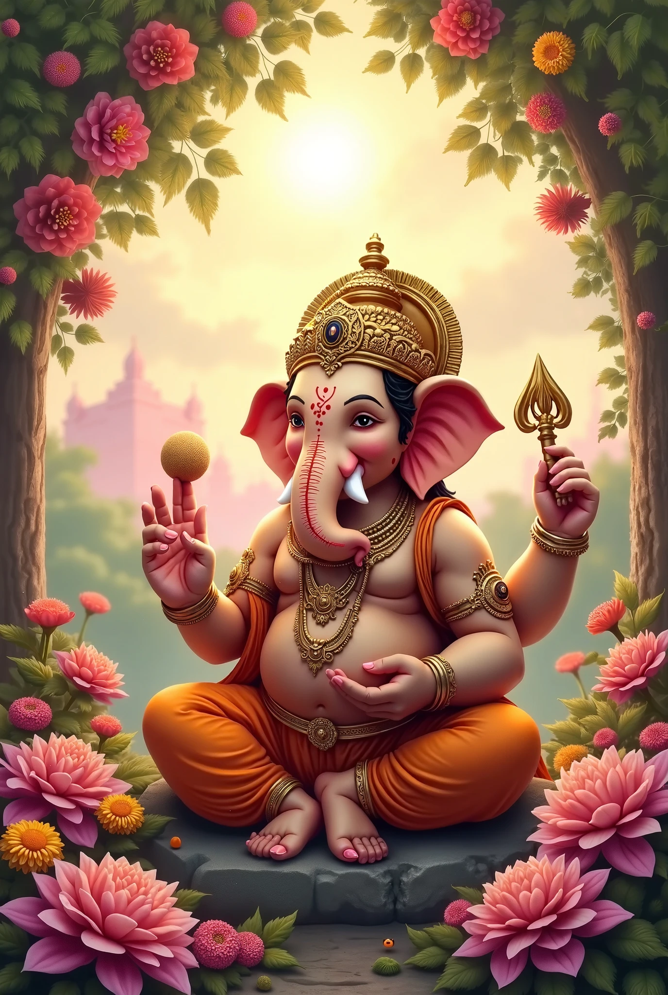 Beautiful ganesh seting in temple lots of tree around temple and 2 ladies doing pooja cartoon ai image