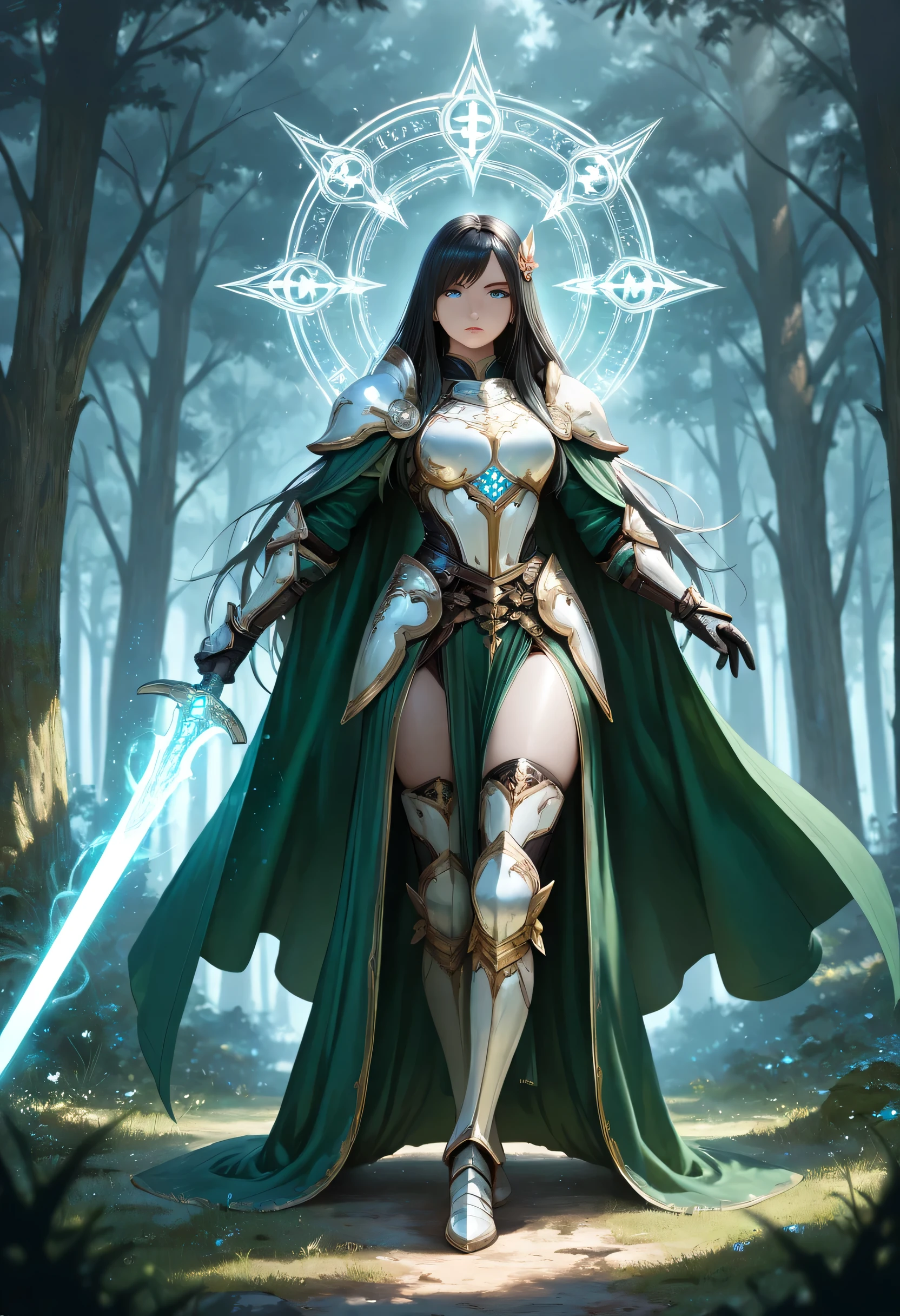 a picture of female human paladin of nature protecting the forest, wearying heavy armor, divine armor, white armor,  flowing cloak, long cloak, green cloak, armed with a sword, glowing sword, radiant sword, wearing a glowing holy symbol, a woman, divine knight, full body, perfect body, ultra detailed face, ultra feminine, pale skin, black hair, long hair, blue eyes, body, intense eyes, fantasy forest background, D&D art, RPG art, magical atmosphere magic-fantasy-forest, ultra best realistic, best details, best quality, 16k, [ultra detailed], masterpiece, best quality, (extremely detailed), ultra wide shot, photorealism, depth of field, hyper realistic painting, fantasy art, realistic art,((best quality)), ((masterpiece)), (detailed), perfect face, Cinematic Shot, dvr-hgh-fnt