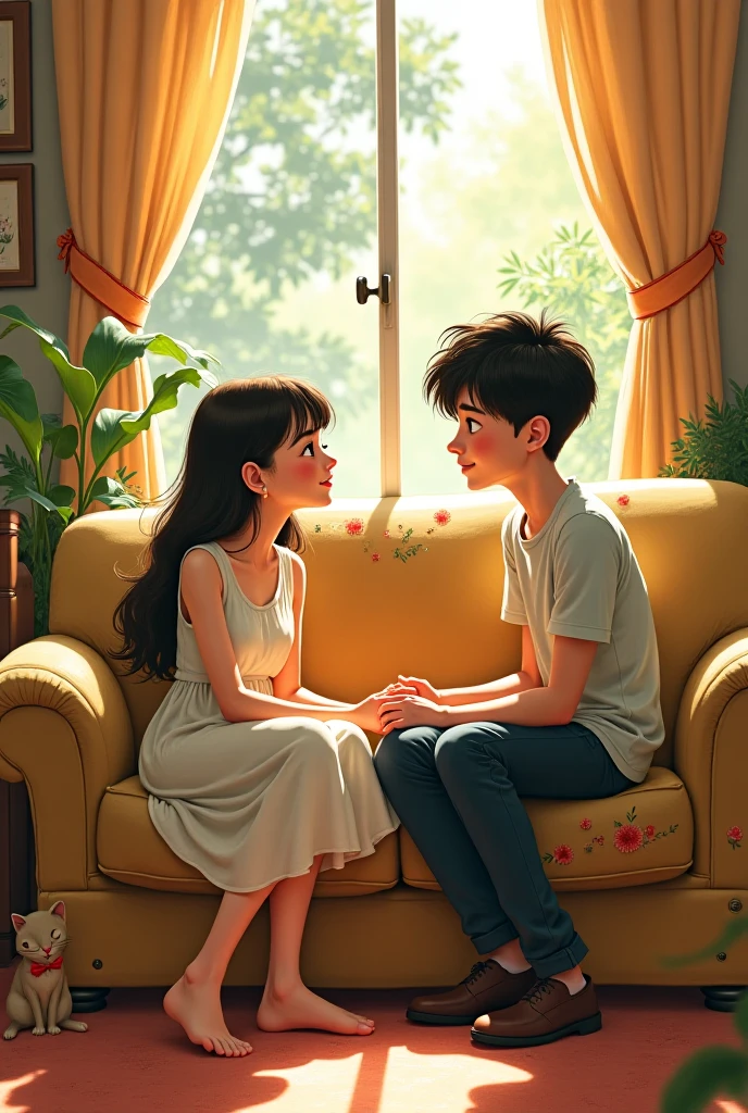 There is a room and a bed in the room, a window left side of the bed, a 18 years girl in black hair white dress sitting on the window, a 18 years boy sitting in the bed, and the background wall is in yellow and painted some red butterfly over the wall, other wall of the room is seagreen color, they are smiling, and the time is afternoon, the girl is actually dead but she came all way along to meet her Freund for the last time,