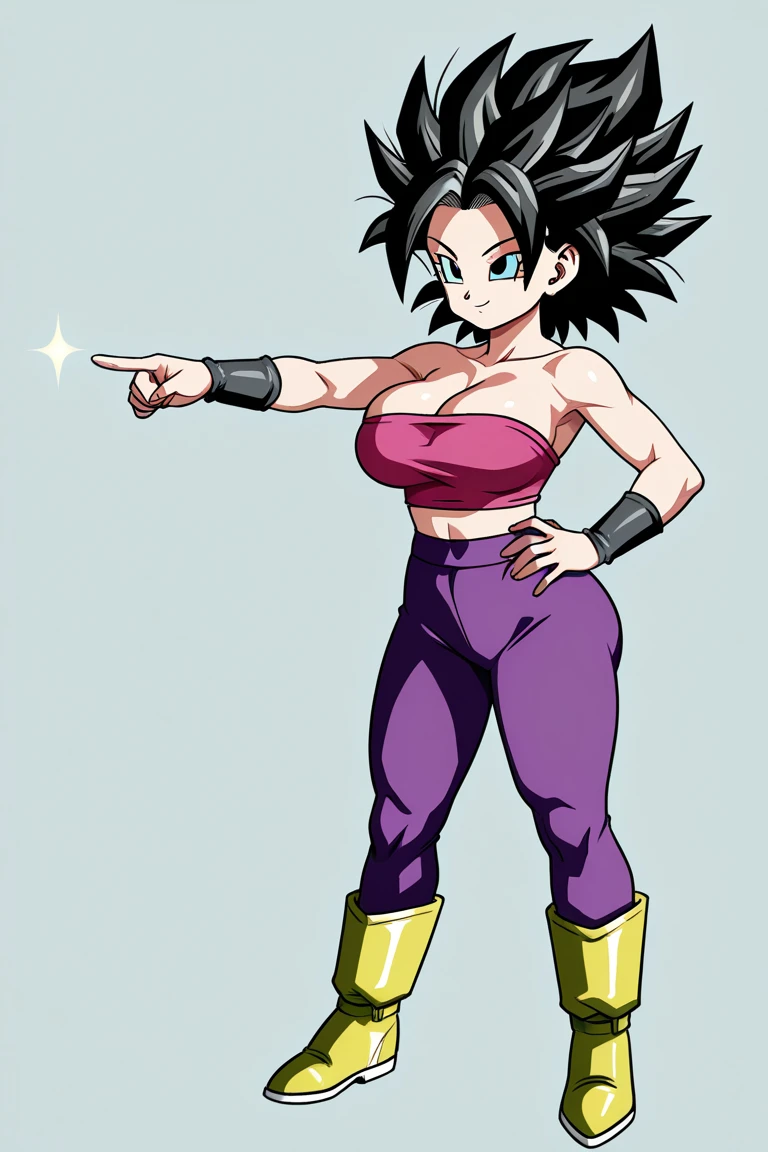 Masterwork, 4k resolution, fobdo de color blanco, Un primer plano de una caricatura de una mujer con un pecho muy grande y gordo, un top color rosa, una falda color morado, chica saiyajin, caulifla, goku femenino, skinny sexy body, huge breast, Estilo Akira Toriyama, dragon ball art style, Dragon Ball Style, by Ikuo Hirayama, arte conceptual de dragon ball, akira toriyama, inspired por Akira Toriyama, por Akira Toriyama, boceto coloreado de alta calidad, detailed nipples, covered niples, caulifla from dragon ball super, un top rosa y una falda morada. Fat huge breast, oppai proportions