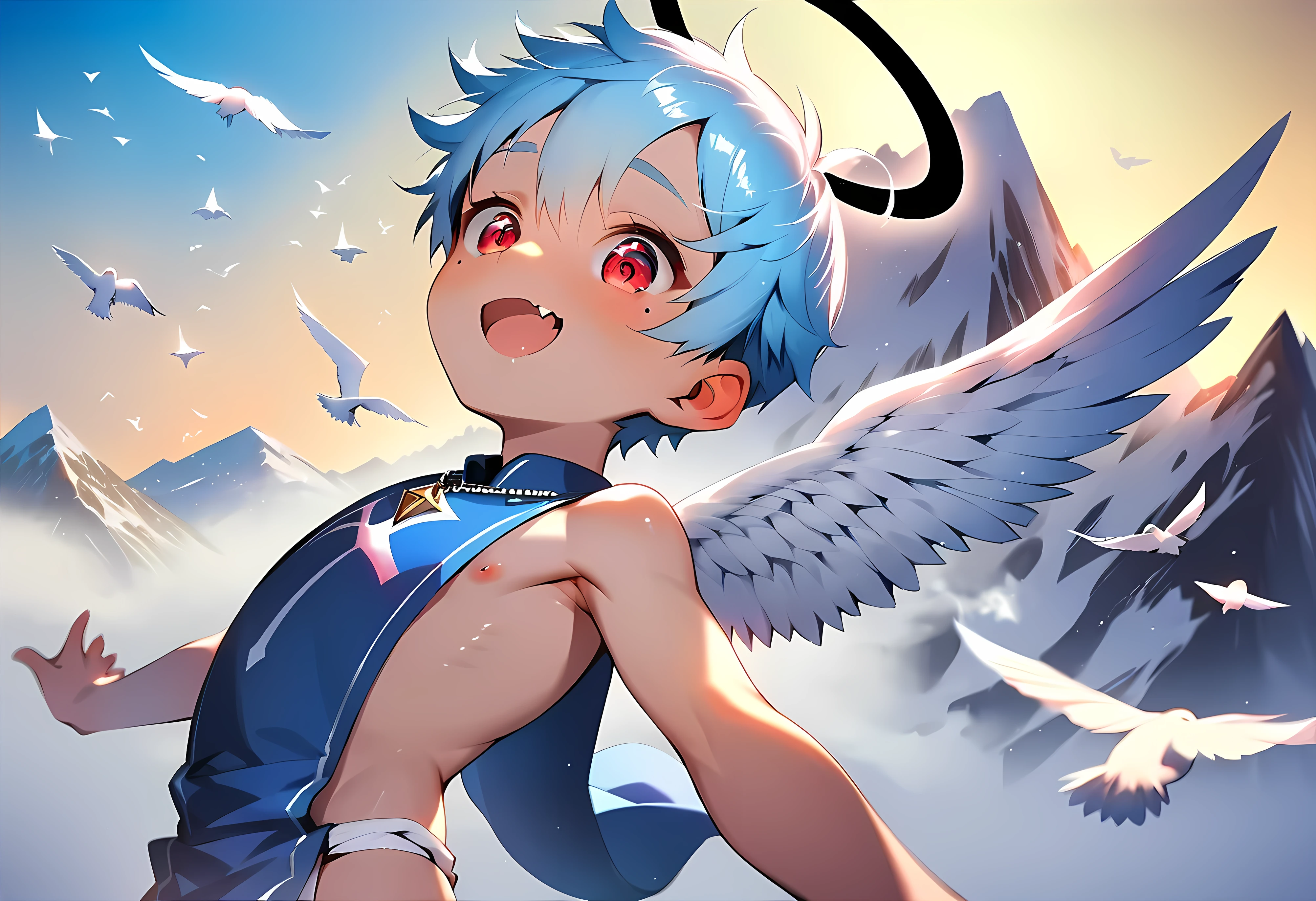 (score_9, score_8_up), (ultra detailed), (cute face), (detailed eyes:1.3), (shiny eyes), (masterpiece eyes), (1 boy), (shota:1.5), (flying in air:1.3), (many small pigeons), (arched back), (spread arms:1.2), BREAK (blue tabard:1.4), (white loincloth:1.2), (shining halo:1.2), (angel wings on back:1.2), (smiling), (short hair), BREAK (light blue hair), (wine red eyes), (eyes with highlight:1.2), (black irises), fang, (mole under eye), BREAK (on mountain top:1.3), (long mountain view), (golden sky), (wind blowing), cinematic lighting, (silver necklace), nipple, pectral, from below,