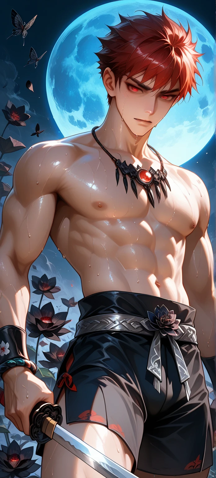 (8k,photorrealistic　RAW photograph　Maximum quality;1.4) (1 Korean boy) Super handsome king of the underworld　(lifelike face) 　(platinum hair,  short hair to the side)　slenderbody　Muscular and macho　big pink eyes　White and red metallic aristocratic costume　Rainbow decoration　Fangs peeking out of the mouth　Pointed claws　a seductive gaze　Beautiful expression　A hyper-realistic　(King of the Underworld)　appealing　(real looking skin)　Super high resolution　high détail　Luxurious white and metallic red pants　Rainbow aura emanating from the body　effect　white and red metallic cover 