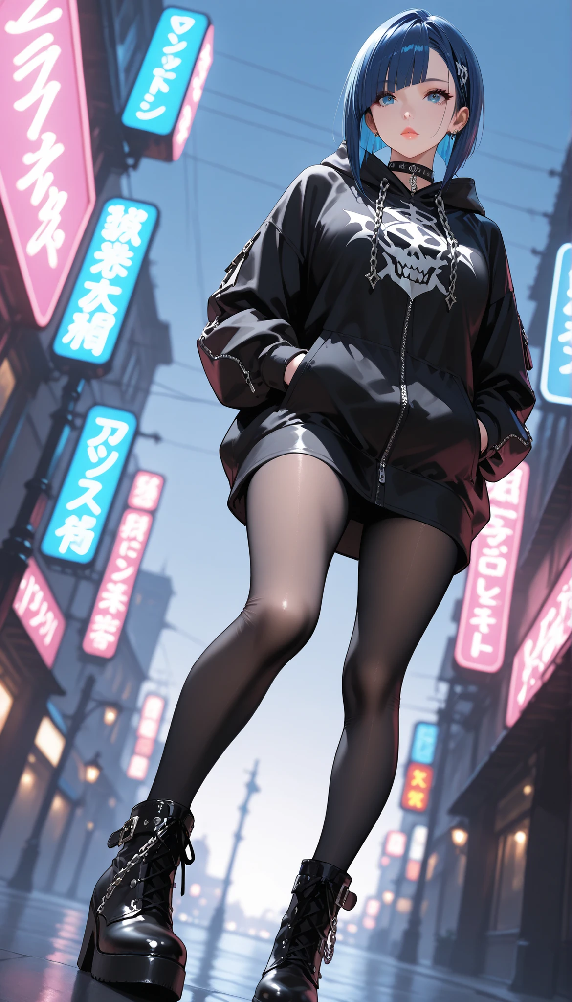 Marnie (pokemon), masterpiece, best quality, highres, marnie, aqua eyes, choker, red ribbon, Side bangs, black hair, much hair, lether jacket, fingerless gloves, leotard, pink leggins, panam palmer clothes, torn clothes, Wide hips, cameltoe, slender figure, outdoors, only head and shoulders, magazine style, cyberpunk City backgrond, London, at the night city.