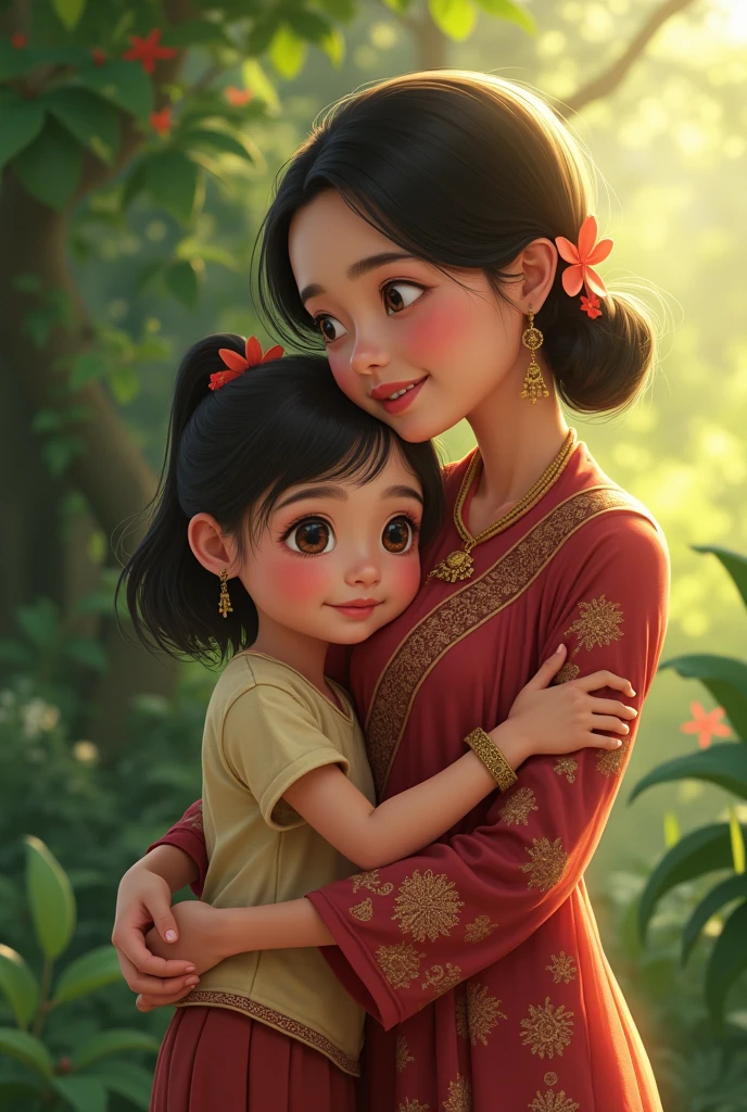 In cinematic 3d cartoon style "Foreground: A beautiful woman with an enchanting appearance, embodying the deceptive grace of Putana, holding a baby. Her expression is a mix of feigned sweetness and concealed malice."