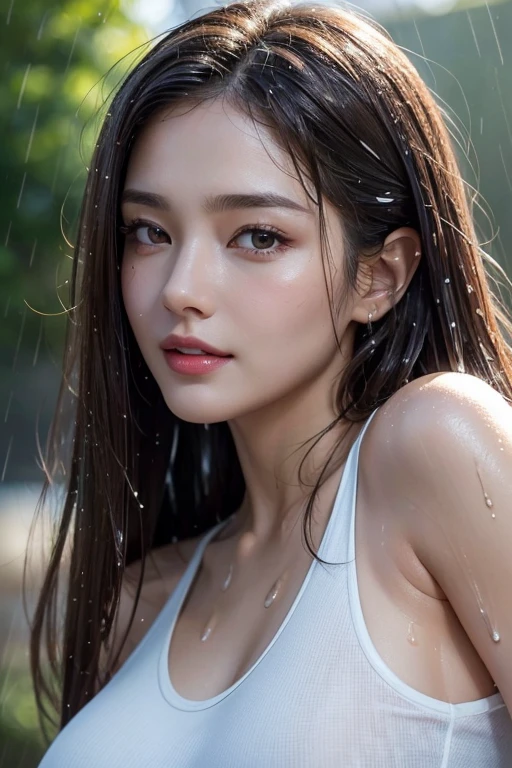 (Best quality, 4k, Masterpiece :1.3), pretty woman, 1girl, sexy :1.1, dark brown hair: 1.1, (rainy wet, wet from rain, wet body :1.2), white tank tops, ultra-detailed face, detailed lips, detailed eyes, double eyelid