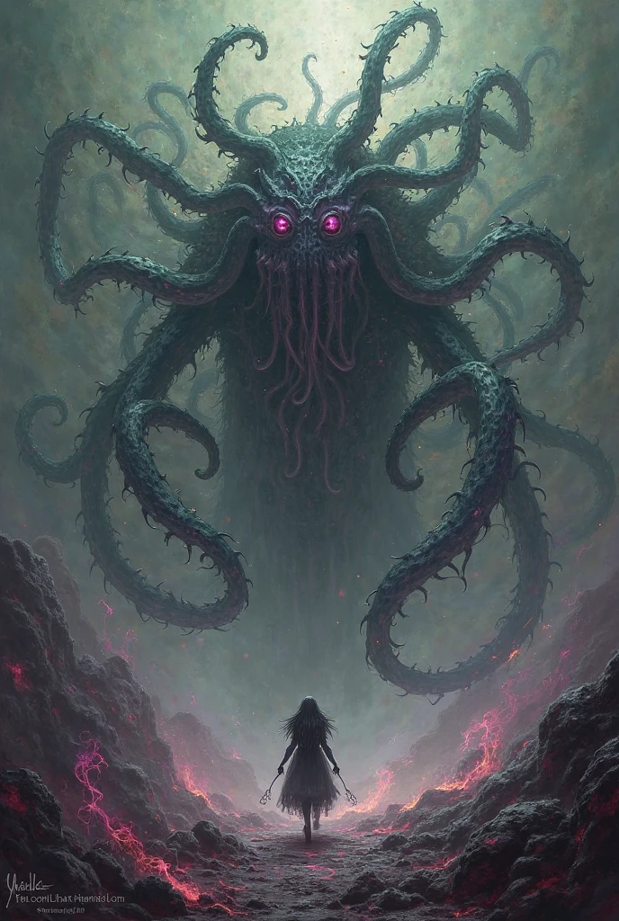 Transcendent beauty_A giant, transparent slime monster absorbs a human woman into its body.、Devouring her clotheelt it。Dark fantasy、Dungeons、Detailed anatomy、Slimy tentacles、Sticky texture、Surreal、Striking colors、Cinematic lighting、Dramatic atmosphere、Intricate details、Photorealistic、8k、Very detailed、masterpiece,liquid metal