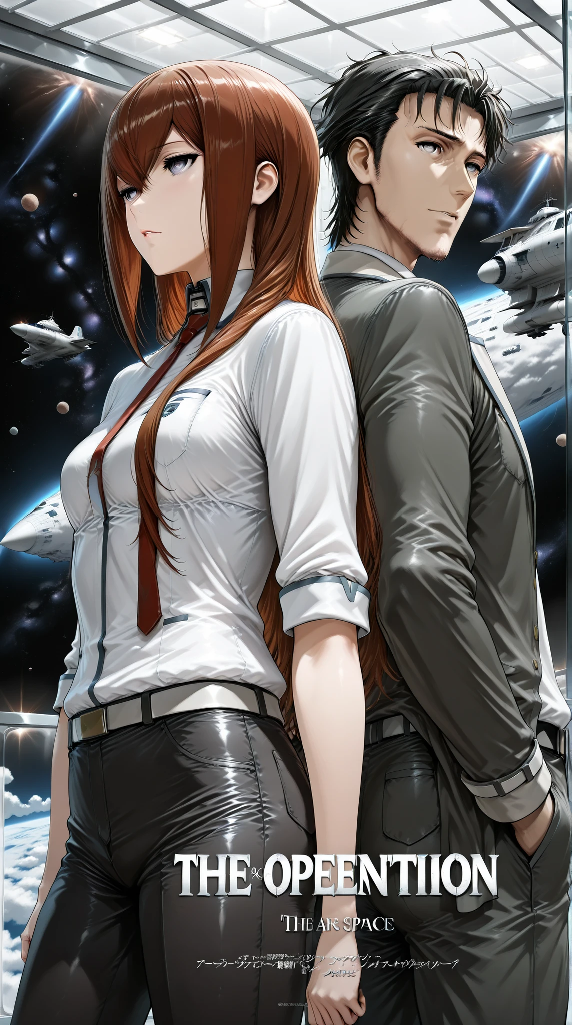 ((Best Quality)),( super high definition),(Super detailed),( detailed description ),((The best CG)),(masterpiece),(1boy and 1girl,1boy is a Okabe rintaro,1girl is a Makise Kurisu,the girl is no jacket ),(they are scientist, Apollo spacecraft development),(background is the space, Glass Room:1.2),(movie poster style:1.7,English big font 「The operation Apollo」at below)