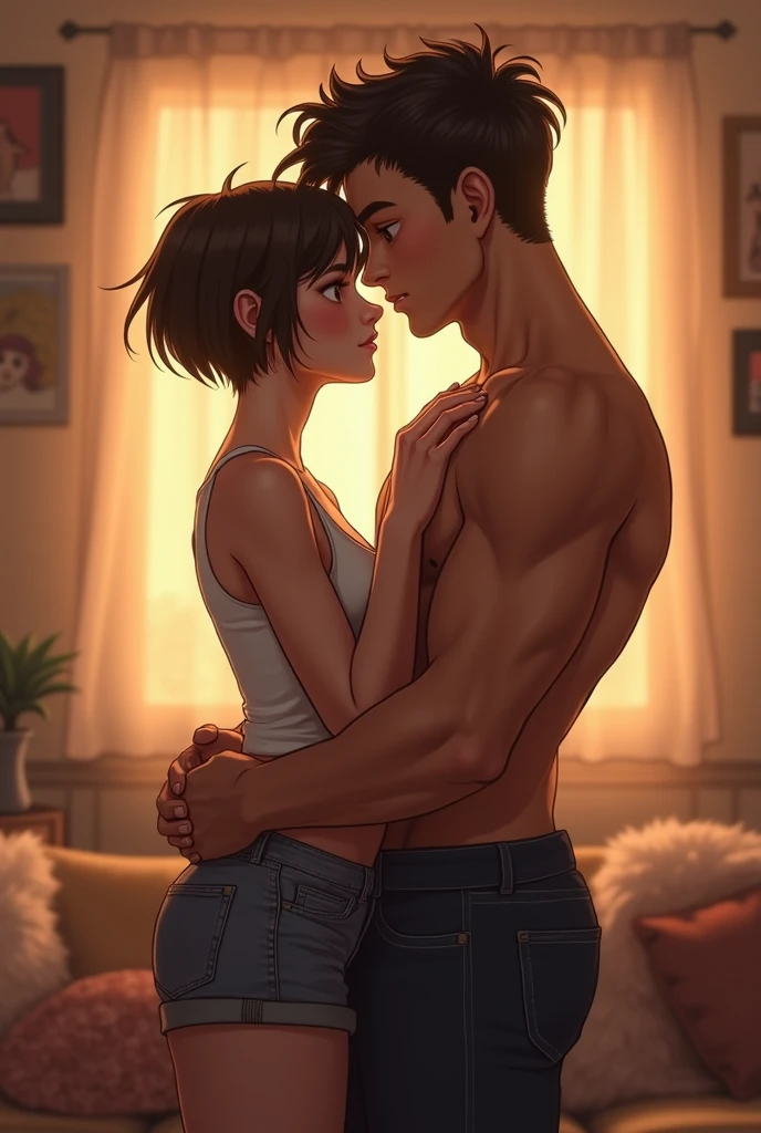 man, orange hair, Beautiful face, Blue eyes, beautiful body, naked, naked, stands opposite a naked girl who is sitting on her knees, with very short dark brown boyish brown hair, black eyes, sexually, naked, excitation, anime art, masterpiece, realistically, professional quality, super detail