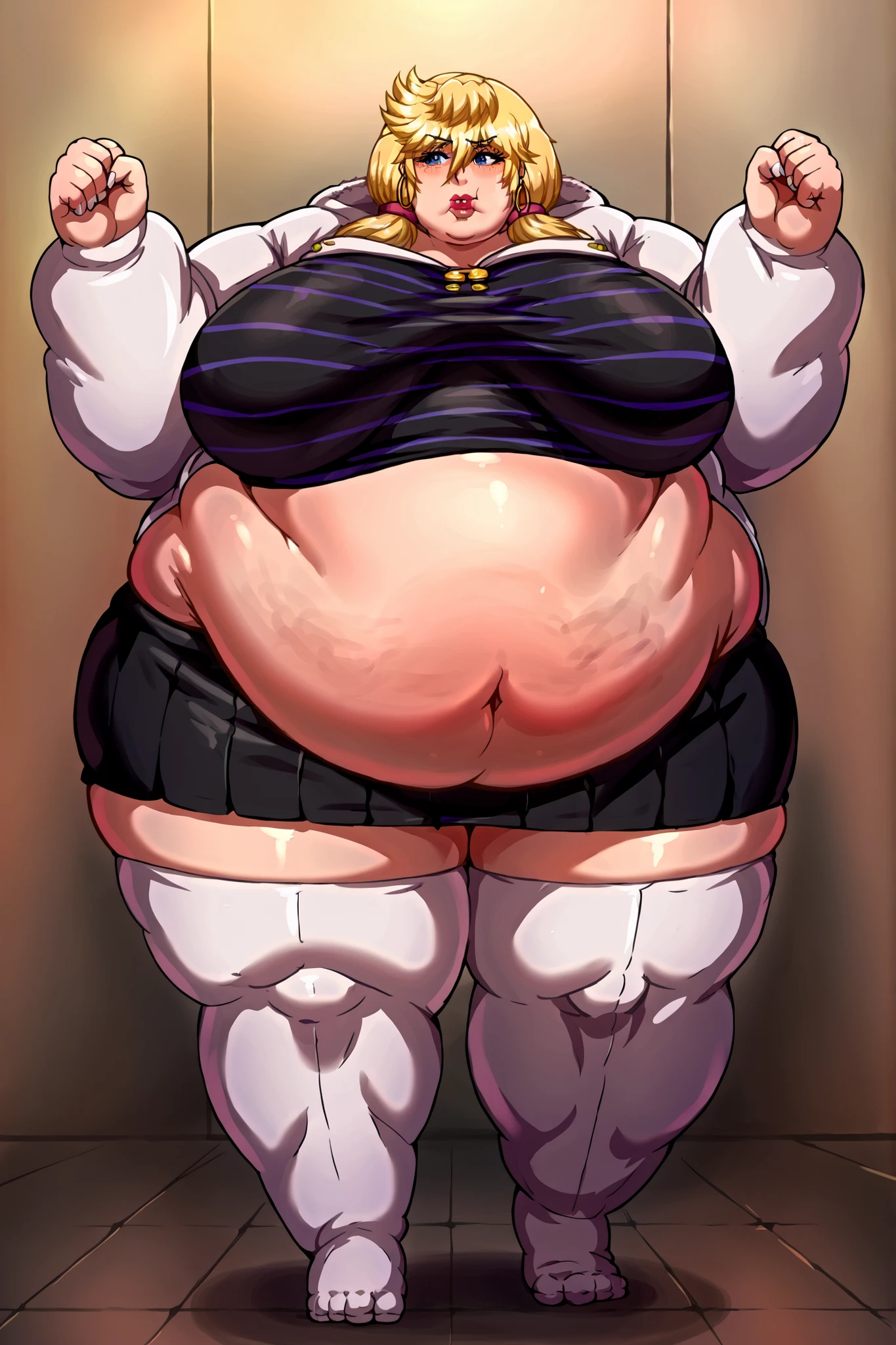 Anime Women, Lady、Forehead、Long braids、Glasses、Brown eyes、Are fat、Chubby、Sensual、obesity、Double chin、cheek、Fatty neck、Big Breasts、Saggy breasts、Thick upper arms、Fat belly、expensive、Dark brown unitard、Dark brown bodysuit、sneakers、Gloss、Sweat、Embarrassing、sit、Busy Street