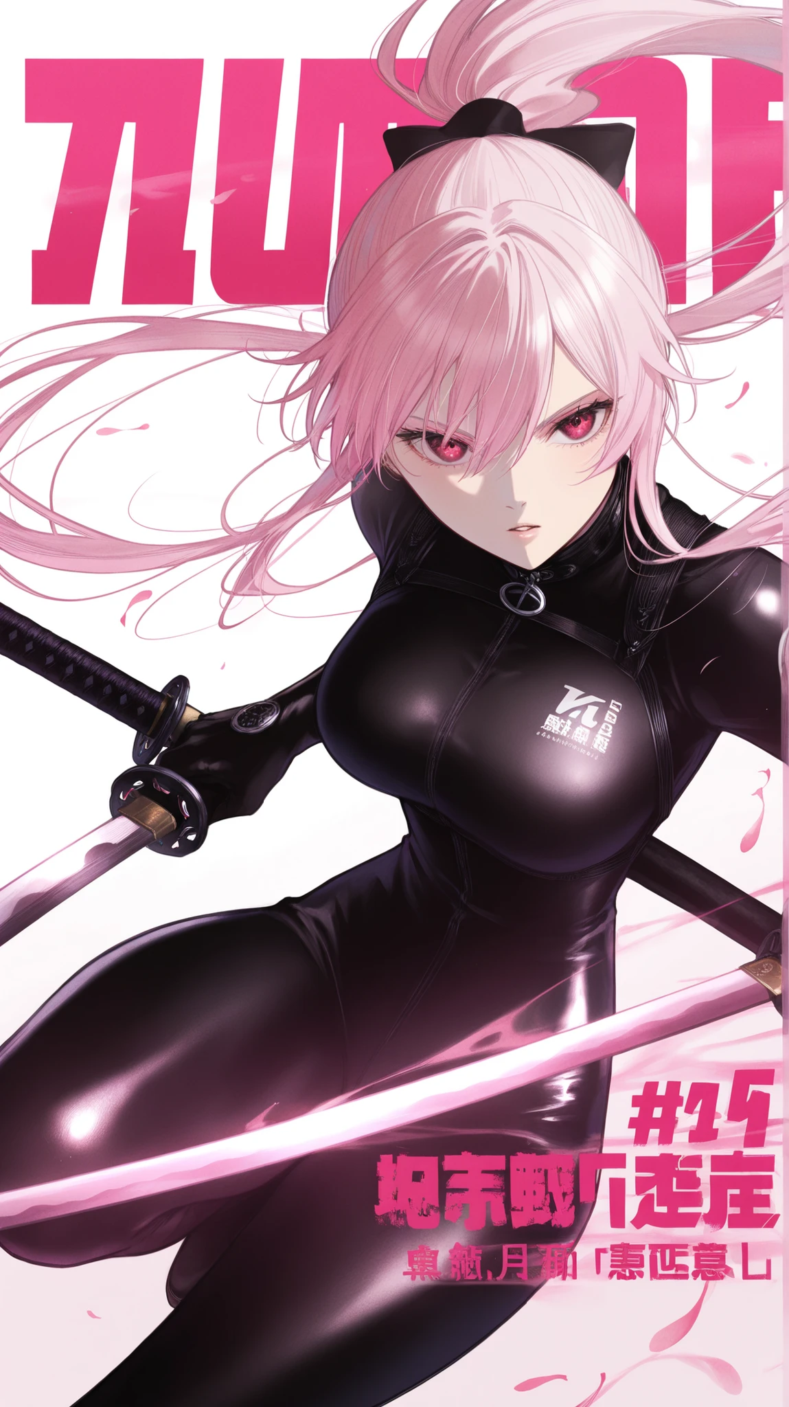 masterpiece, best quality, amazing quality, newest, very aesthetic, 1girl,Image is a stylized manga cover featuring a dynamic illustration of a character in an action pose. The character has light pink hair tied in a high ponytail and is wielding a katana with a determined expression. The skin tone is a light pink hue, matching the overall color theme. The character is dressed in a loose, dark outfit, adding to the dramatic effect. The background is predominantly white, enhancing the contrast with the character. At the top, the title 'KAGURABACHI' is prominently displayed in bold, jagged pink letters with a shadow effect, accompanied by a small logo of a fish and the text 'JUMP COMICS' in black. On the right, the number '75' and the name 'hidari' are written in large pink font. The bottom right features the phrase 'DECIDE HERE AND NOW' in bold, uppercase pink letters, creating a sense of urgency and action.