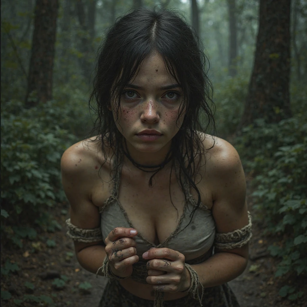 Naked girl tied in forest, crying, hot sexy aesthetic girl, American,