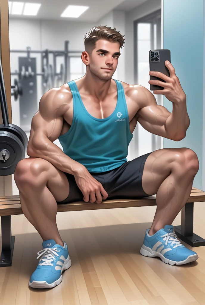 masterpiece, best quality, ultra detailed, realistic, sfw, 1boy, an attractive 18 years old fit caucasian boy sitting in front of a mirror taking selfie, sweat, shirtless, wearing tight jockstrap, big bulge, vpl, smug, full body shot, <lora:bulgeJ8_concept-000004M:1>