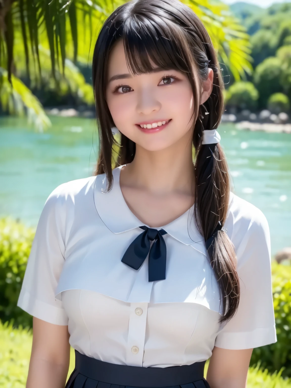(top quality,masterpiece:1.3,super high resolution),(very well detailed、caustics) (realistic:1.4, RAW shooting、)Ultra-realistic Capture、very well detailed、natural skin texture、masterpiece、(Japanese elementary school girl wearing a blouse and pleated skirt:1.3)、adorable expression、Expressions of Happiness、、: 、baby face、 innocent girl、 amazingly cute、Twin Tail Hairstyle、curly hair、ribbon、black hair、big breasts、 Glowing Thighs、Shining Ass、necklace、In the shade of a tree by the lake、Background details、smile、 charming gaze、(anatomically correct)、cowboy shot、Attention to Details、 Breastlift