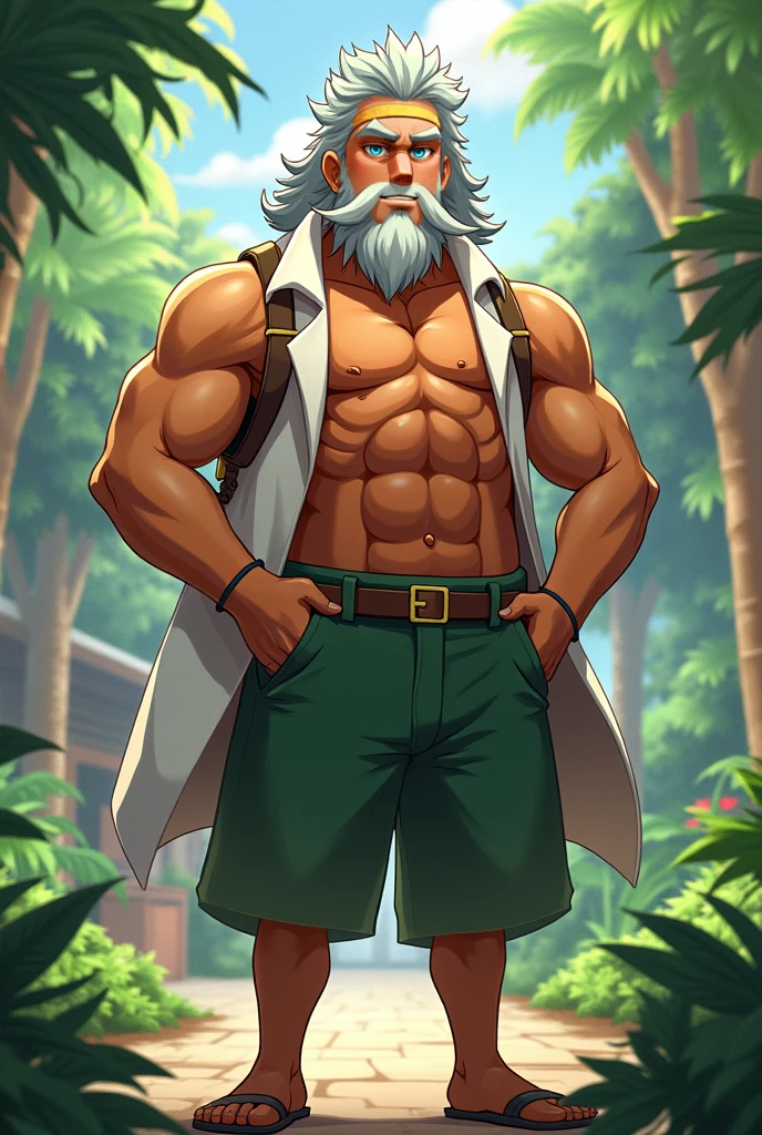 chubby old man adventure in forest, thick arm, huge arm, bearded. white hair and short beard, bearded, muscular, pectoral, wide pectoral, realistic, 8k, masterpiece, (wearing shorts and shirtless:1.3, topless, shoes)