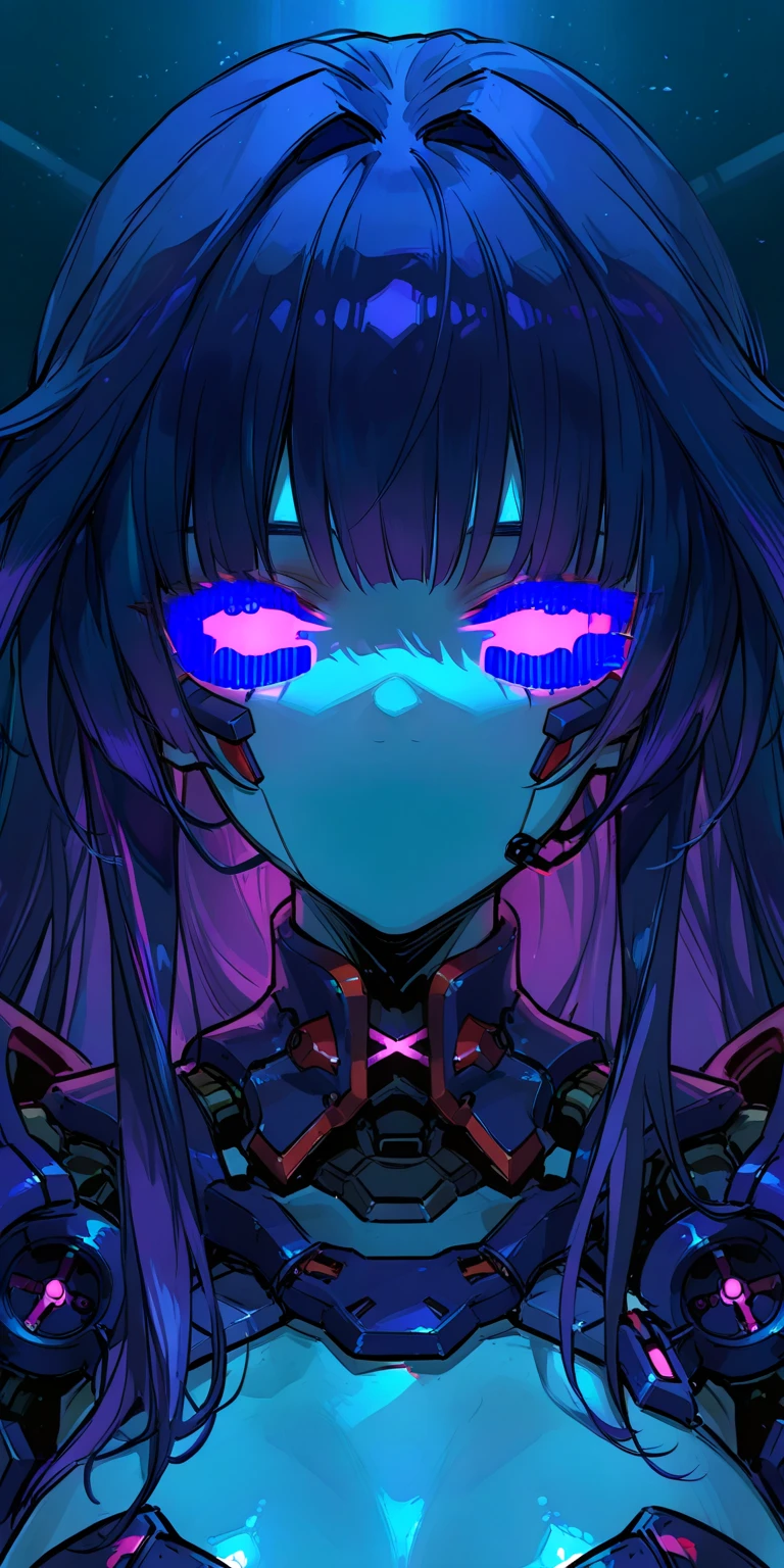A female vampire robot,metallic skin,glowing blue eyes,dark and mysterious atmosphere,ethereal,horrifyingly fascinating expression,porcelain-like complexion,subtle yet captivating smile,mechanical parts blended with organic elements,sharp contrast between light and shadow,textured metallic hair,cybernetic enhancements,vivid colors,gothic style,hauntingly beautiful,sublime artistry