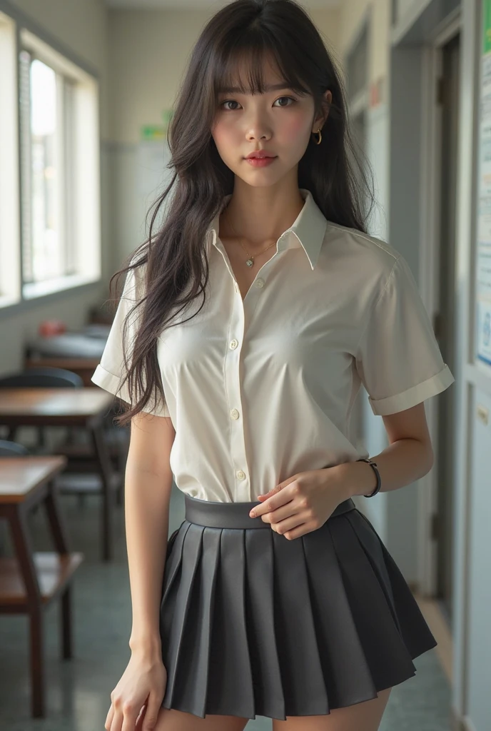 absurdres, RAW photo, extremely delicate and beautiful, masterpiece, Best Quality, ultra high resolution, 32k, hyperrealistic, ultra-detailed, perfect anatomy, perfect figure, super Detailed skin, Very detailed CG 8k wallpaper, very Slim body, narrow waist, very small head, very small face, delicate facial features, tearful mole, earring, thin legs, (very huge round breasts:1.3), full body shot, (solo:1.2), short hair, (wavy hair:1.2), wet clothes, (school uniform:1.3),
