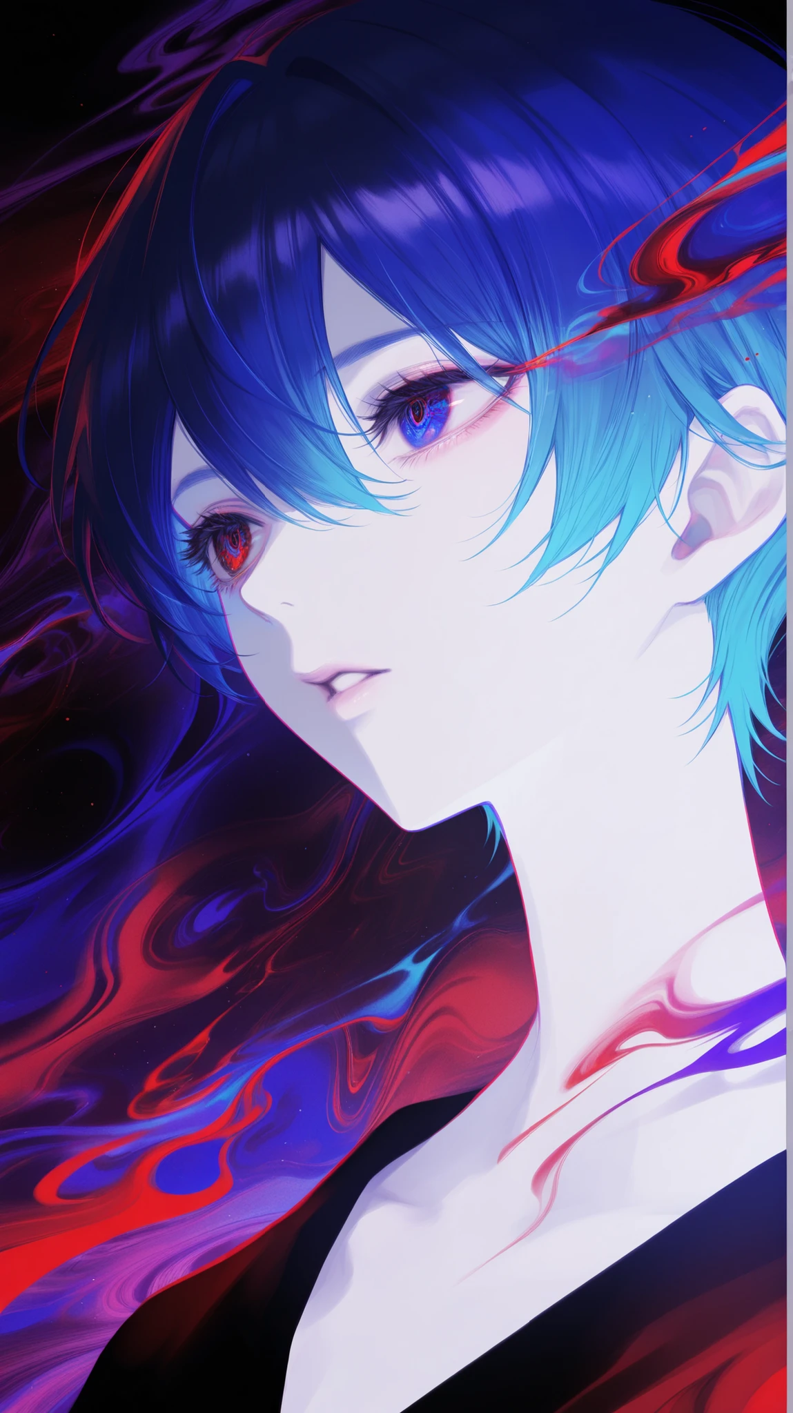masterpiece, best quality, amazing quality, newest, very aesthetic, 1girl,Image is a digital painting in an abstract, expressive style, featuring a close-up portrait of an androgynous character with striking features. The character has short, vibrant blue hair that partially obscures one eye, adding a sense of mystery. The visible eye is a vivid red, contrasting sharply with the cool tones of the hair and background. The skin is pale, almost blending with the abstract, swirling background of blues, purples, and hints of red. The character's expression is neutral, with slightly parted lips and a subtle shadowing that adds depth to the face. The background is a chaotic mix of colors and textures, enhancing the dynamic and emotive quality of the artwork. The overall composition is bold and visually arresting, with a focus on color contrast and emotional intensity.
