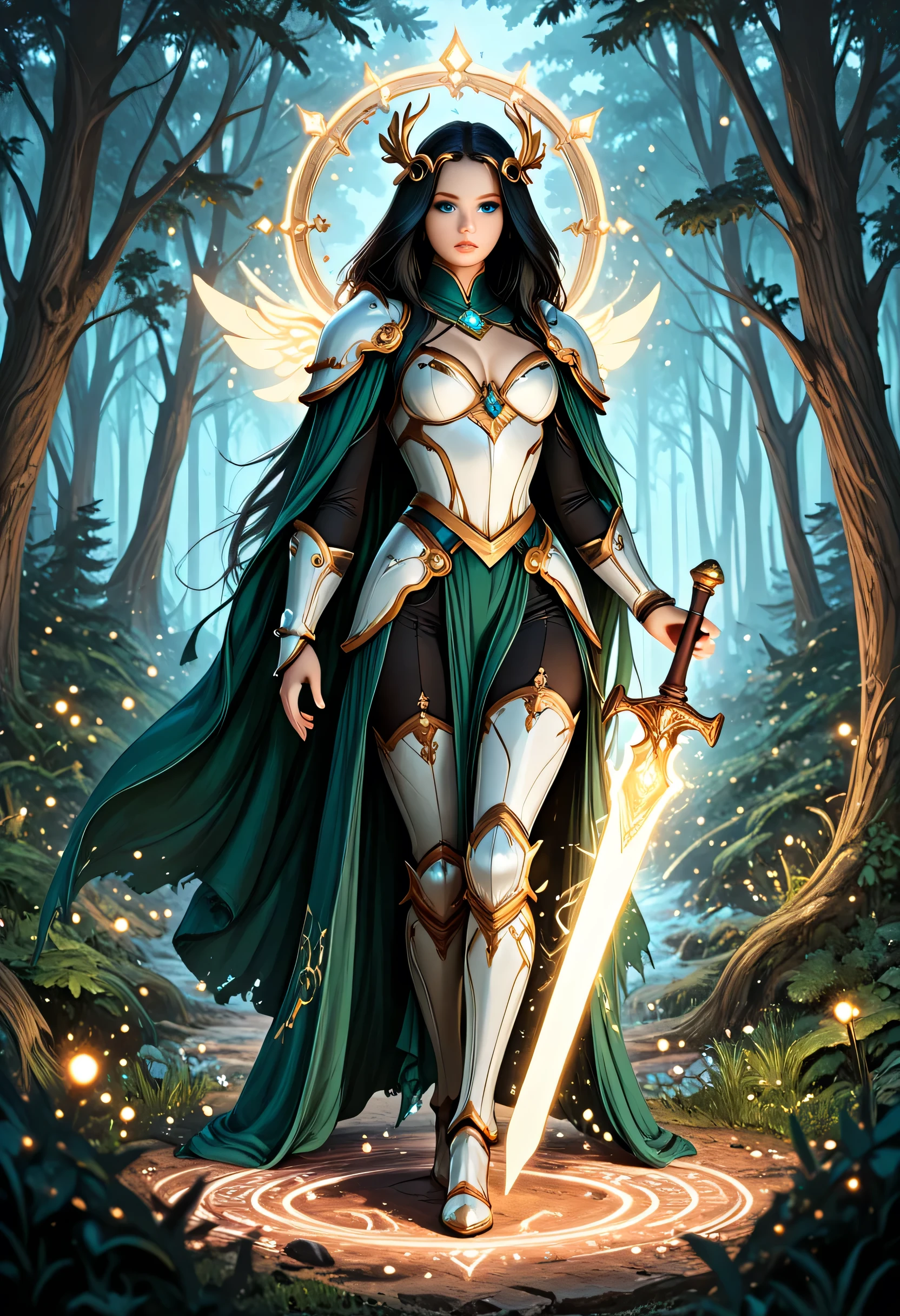 a picture of female human paladin of nature protecting the forest, wearying heavy armor, divine armor, white armor, small cleavage,  flowing cloak, long cloak, green cloak, armed with a sword, glowing sword, wearing a glowing holy symbol, a woman, divine knight, full body, perfect body, ultra detailed face, ultra feminine, pale skin, black hair, long hair, blue eyes, body, intense eyes, fantasy forest background, D&D art, RPG art, magical atmosphere magic-fantasy-forest, ultra best realistic, best details, best quality, 16k, [ultra detailed], masterpiece, best quality, (extremely detailed), ultra wide shot, photorealism, depth of field, hyper realistic painting, fantasy art, realistic art,((best quality)), ((masterpiece)), (detailed), perfect face, Cinematic Shot, dvr-hgh-fnt