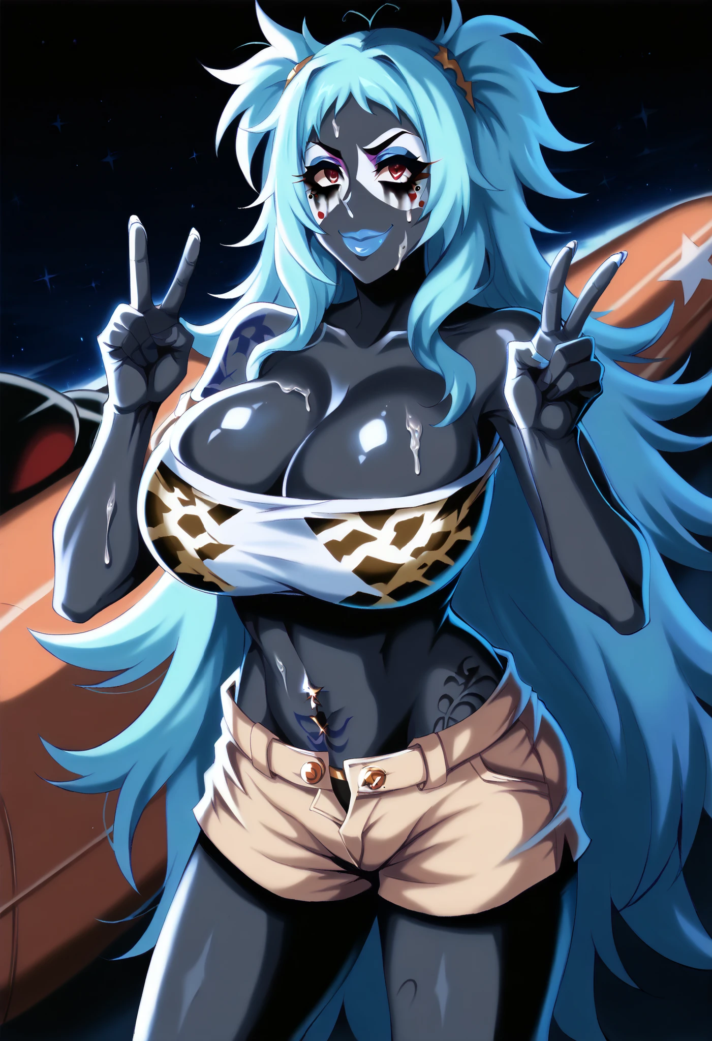 masterpiece, best quality, extremely detailed, 1girl, solo, (colored skin, white skin:2), ayanamirei, (huge breasts:1.4), ((((white hair), long hair, twin braids, red eyes, slit pupils))), parted lips, (((collarbone, starfishbreasts, pasties, black panties))), ((blush, shy), open mouth, fangs), ((arms behind head, partially submerged, sea))