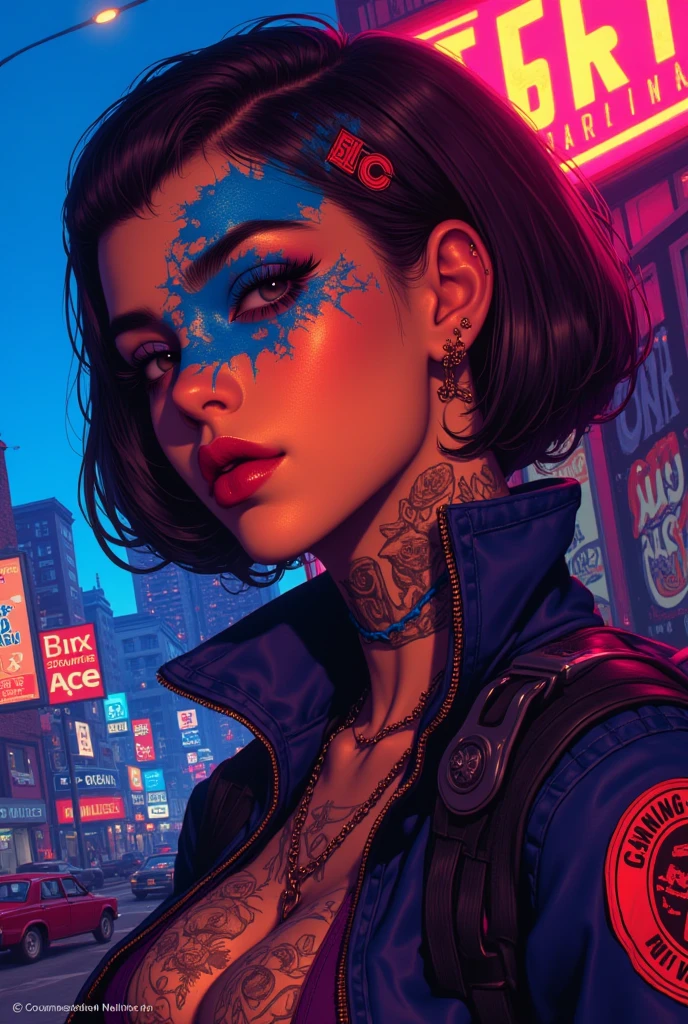 A surreal, high-resolution portrait of a fierce, commanding woman set against the chaos of a neon-lit GTA-style gang war cityscape. Her face is partially abstract—split with sharp, geometric overlays of electric blue, blood orange, and deep violet, echoing graffiti tags and broken glass. One eye, vivid turquoise, stares down the viewer with unflinching intensity, while the other is partially obscured by a digital glitch effect. Her lips are painted deep crimson, and a small gold nose ring gleams beneath the streetlight glow. The lighting is dynamic—harsh reds and cool blues clash like sirens through smoke, casting angular shadows that mirror the sharp tension of the streets. Behind her, a fragmented mural of turf maps, burning cars, and spray-painted symbols bleeds into the skyline. She wears a cropped leather jacket tagged with gang insignias, her collarbones dusted in sweat and pixelated ash. A weapon rests on her shoulder like an accessory, but her expression says she’s already won.