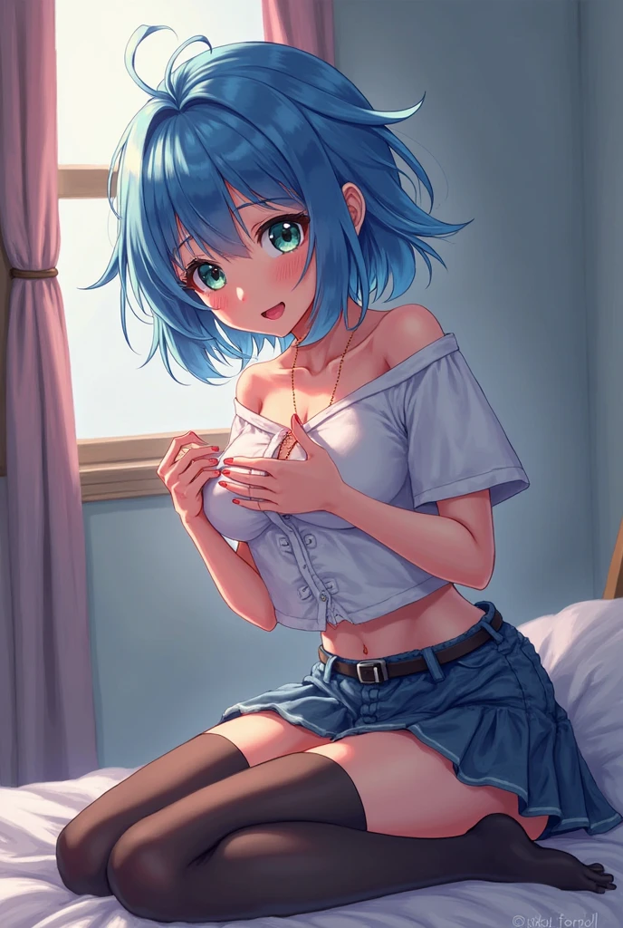 anime girl with blue hair and blue eyes posing on a bed, sea through shirt, seductive anime girl, ilya kuvshinov. 4 k, short blue haired woman, anime style 4 k, anime girls, anime girl, artstyle : ilya kuvshinov, attractive anime girl, ilya kuvshinov landscape, ilya kuvshinov style, cute anime girl