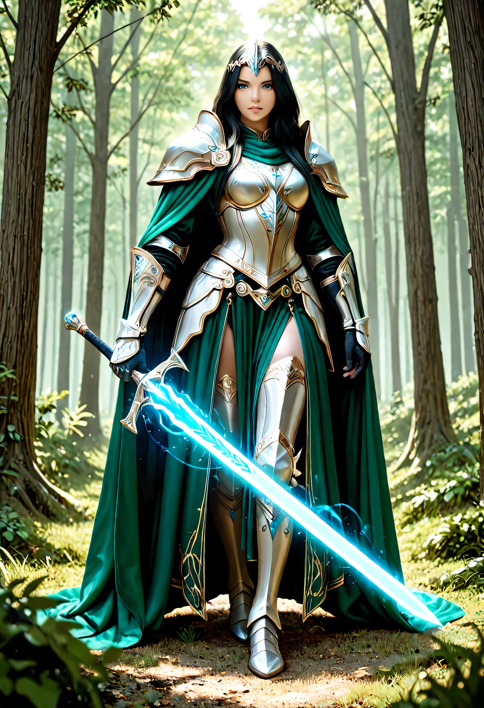 a picture of female human paladin of nature protecting the forest, wearying heavy armor, divine armor, white armor,  flowing cloak, long cloak, green cloak, armed with a sword, glowing sword, radiant sword, wearing a glowing holy symbol, a woman, divine knight, full body, perfect body, ultra detailed face, ultra feminine, pale skin, black hair, long hair, blue eyes, body, intense eyes, fantasy forest background, D&D art, RPG art, magical atmosphere magic-fantasy-forest, ultra best realistic, best details, best quality, 16k, [ultra detailed], masterpiece, best quality, (extremely detailed), ultra wide shot, photorealism, depth of field, hyper realistic painting, fantasy art, realistic art,((best quality)), ((masterpiece)), (detailed), perfect face, Cinematic Shot, dvr-hgh-fnt