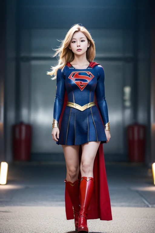 best qualityer, work of art,ultra-high resolution, (Realisticity:1.4), OriginalPhoto, cinematic lighting, 1 blonde european girl big tits, dressed as supergirl, cosplay, Tyndall effect, light and ombre, ombre.