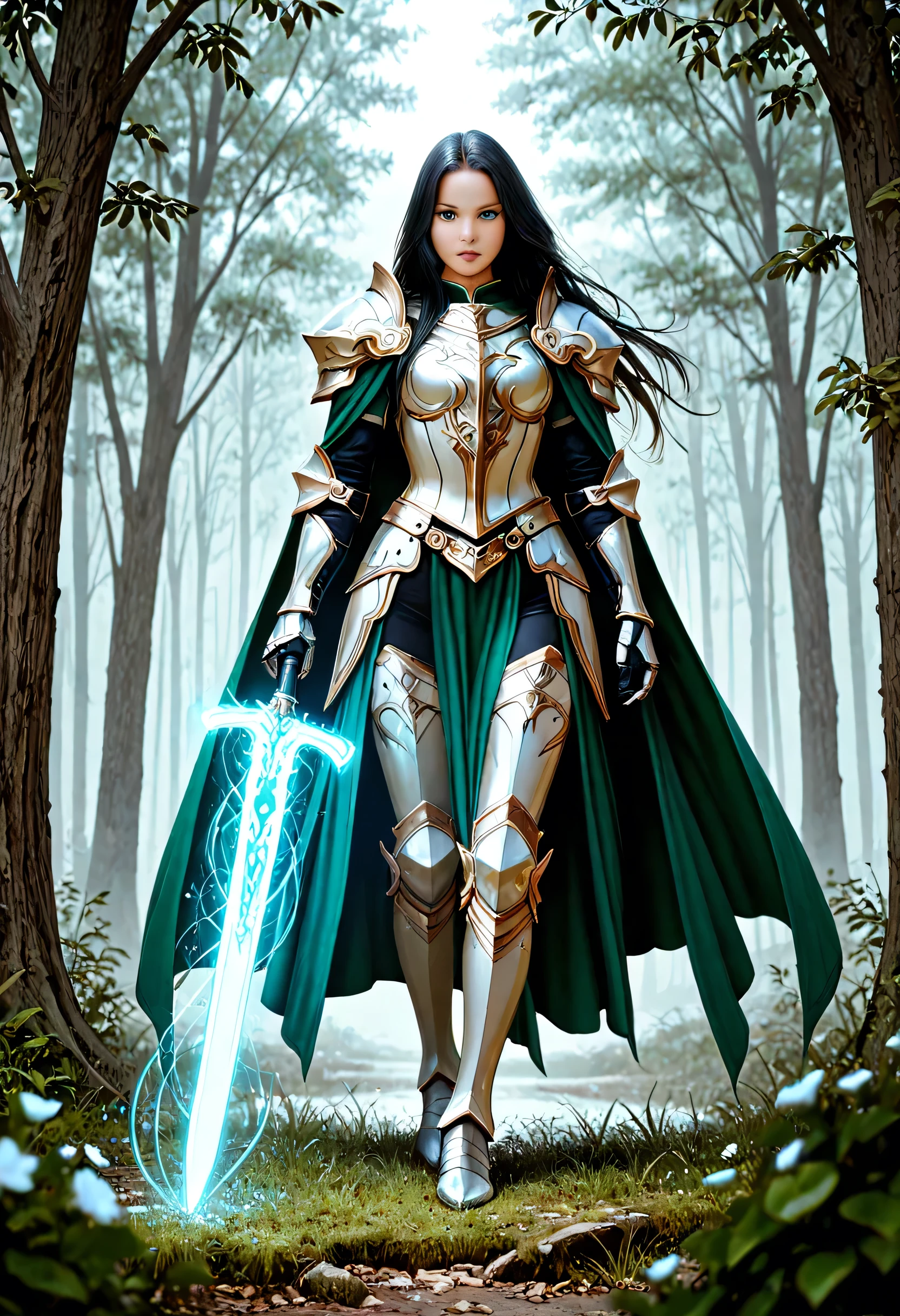 a picture of female human paladin of nature protecting the forest, wearying heavy armor, divine armor, white armor,  flowing cloak, long cloak, green cloak, armed with a sword, glowing sword, radiant sword, wearing a glowing holy symbol, a woman, divine knight, full body, perfect body, ultra detailed face, ultra feminine, pale skin, black hair, long hair, blue eyes, body, intense eyes, fantasy forest background, D&D art, RPG art, magical atmosphere magic-fantasy-forest, ultra best realistic, best details, best quality, 16k, [ultra detailed], masterpiece, best quality, (extremely detailed), ultra wide shot, photorealism, depth of field, hyper realistic painting, fantasy art, realistic art,((best quality)), ((masterpiece)), (detailed), perfect face, Cinematic Shot, dvr-hgh-fnt