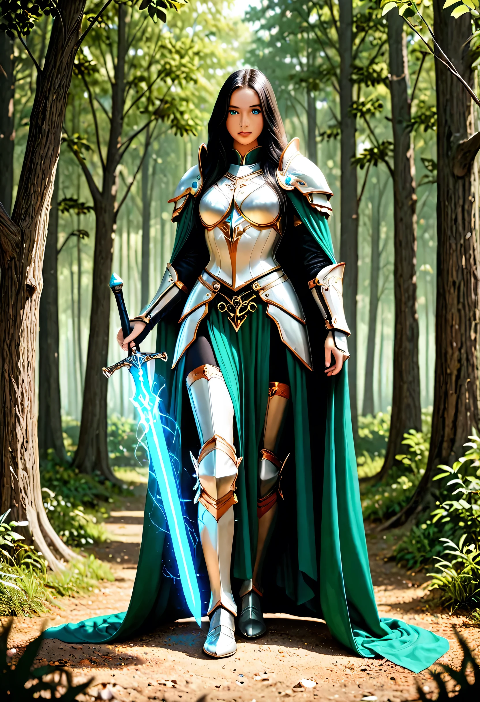 a picture of female human paladin of nature protecting the forest, wearying heavy armor, divine armor, white armor,  flowing cloak, long cloak, green cloak, armed with a sword, glowing sword, radiant sword, wearing a glowing holy symbol, a woman, divine knight, full body, perfect body, ultra detailed face, ultra feminine, pale skin, black hair, long hair, blue eyes, body, intense eyes, fantasy forest background, D&D art, RPG art, magical atmosphere magic-fantasy-forest, ultra best realistic, best details, best quality, 16k, [ultra detailed], masterpiece, best quality, (extremely detailed), ultra wide shot, photorealism, depth of field, hyper realistic painting, fantasy art, realistic art,((best quality)), ((masterpiece)), (detailed), perfect face, Cinematic Shot, dvr-hgh-fnt