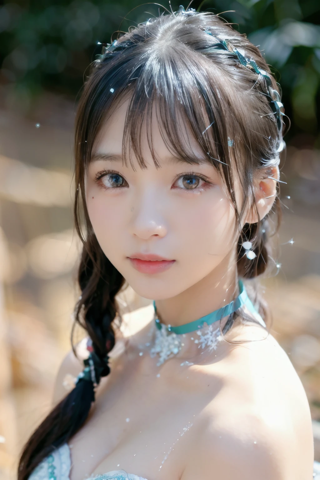 full body up , portrait, portrait,sorrow、tears、cries、 , 8k,masterpiece, top quality, 、Long face、big eyes、 troubled face、目からtearsが落ちる、tearsをためる、 slim、in trouble、、facing the front、flat body 、cute、、, 1 girl、looking at the camera、face to face、pure white hair、Glowing Skin、((( GLITTER SKIN )))、、((super realistic details))、portrait、Global Illumination、shadow、octane rendering、、、metal、 cold color、、very intricate details、Realistic Light、CGSoation Trend Beautiful Eyes 、eyes shining at the camera、drop shadow、、Sparkling Turquoise Eyes 、((Snowflakes))、、white background、Chain Choker
