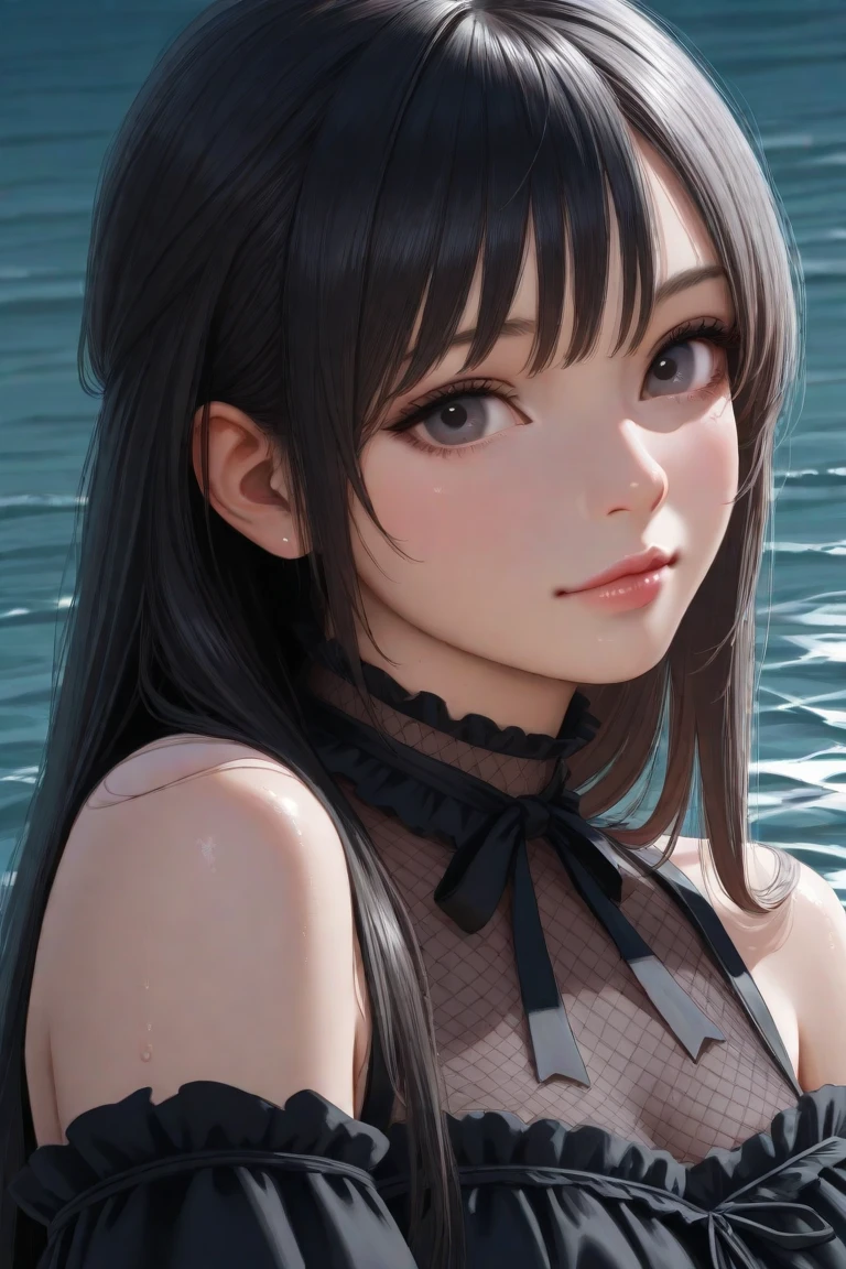 art), (best quality), 1 girl, 18 years old, Cinematic light, 4k resolution, (beautiful brown eyes, bright, realistic), visible features, beautiful face, Anatomically correct, Highly detailed face and skin texture, Thin eyebrows, Bright eyeliner, natural cheek, fair skin, bright lips, red mouth, sunlight, glitter, pointy teeth, evil smile:0.8, (black hair, bangs, medium hair), medium breasts, round breasts, t-shirt:1.4, micro shorts :1.4, looking at the camera, from above
