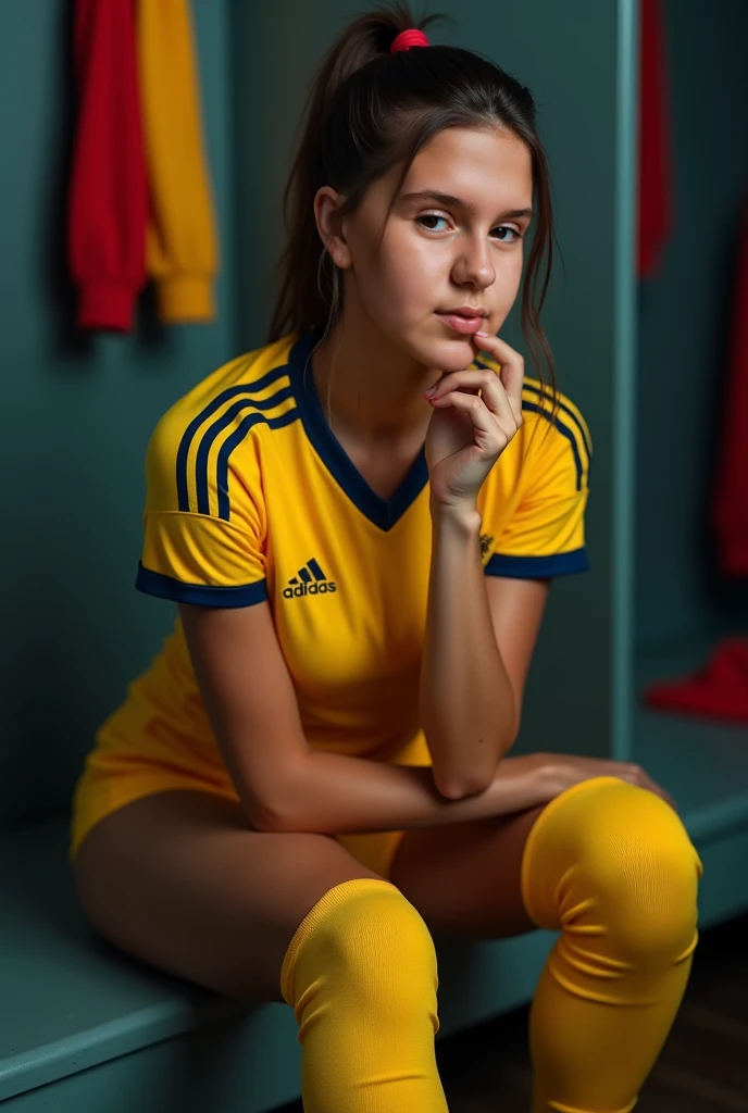 (photorealism:1.2), beautiful woman, sitting on stretcher fouled, wearing adidas soccer uniform, soccer shoes, long hair, plants in background, soccer field window with laying pose, realistic, intricate details, warm colors