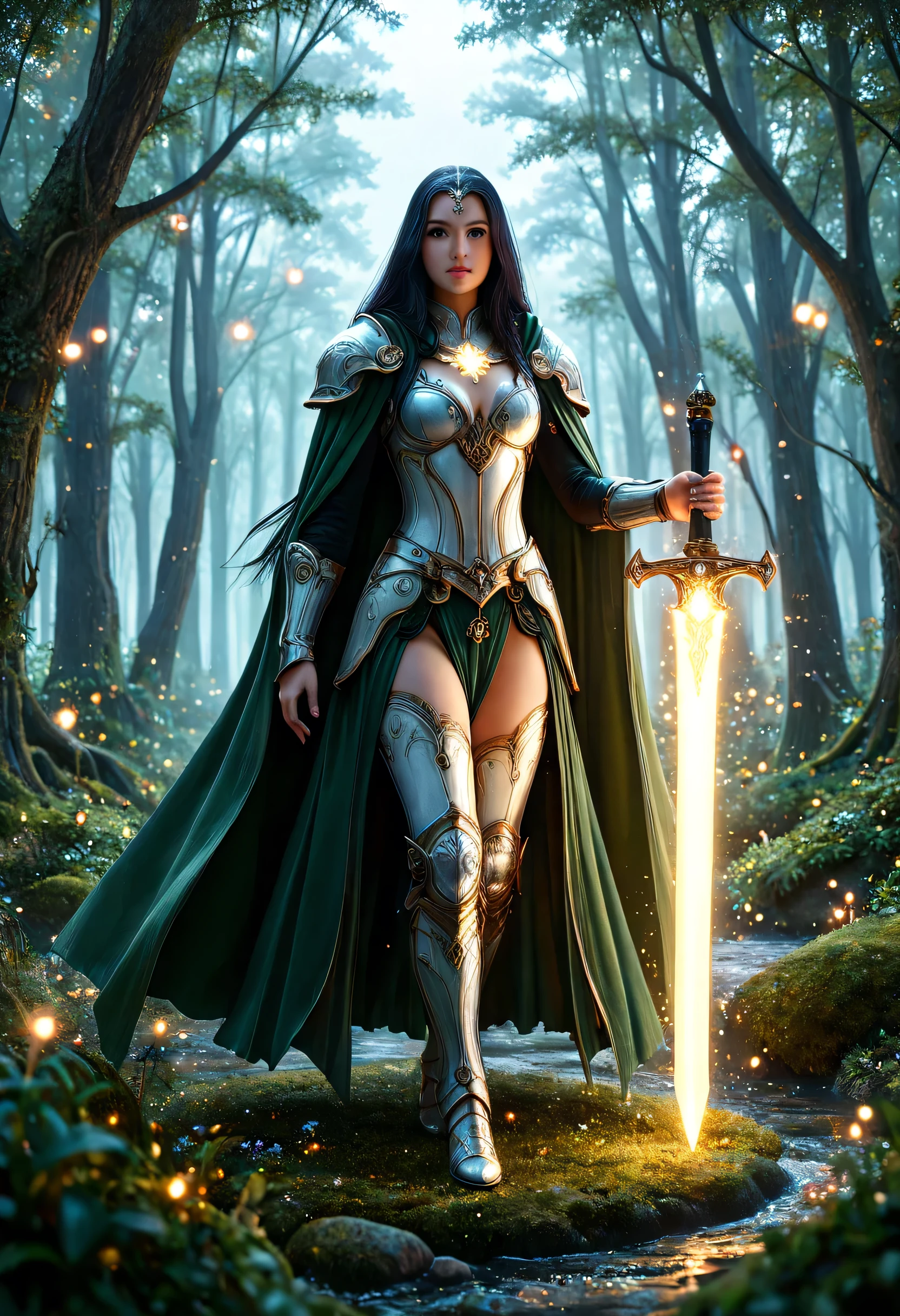 a picture of female human paladin of nature protecting the forest, wearying heavy armor, divine armor, white armor, small cleavage,  flowing cloak, long cloak, green cloak, armed with a sword, glowing sword, wearing a glowing holy symbol, a woman, divine knight, full body, perfect body, ultra detailed face, ultra feminine, pale skin, black hair, long hair, blue eyes, body, intense eyes, fantasy forest background, D&D art, RPG art, magical atmosphere magic-fantasy-forest, ultra best realistic, best details, best quality, 16k, [ultra detailed], masterpiece, best quality, (extremely detailed), ultra wide shot, photorealism, depth of field, hyper realistic painting, fantasy art, realistic art,((best quality)), ((masterpiece)), (detailed), perfect face, Cinematic Shot, dvr-hgh-fnt