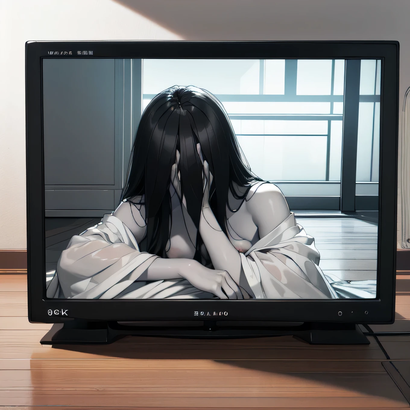 (masterpiece:1.3), (8k, realistic, RAW photo, top quality: 1.4), (1 Sadako), ((Black hair covers eyes:1.5)), (realistic Face), BEAUTIFUL DETAILS, (realistic Skin), beautiful skin, ((delicate body)), ((pale skin:1.4)), ( small , small breasts:1.3), (gray areolas and nipples), absurd, charm,  super high resolution , super real, very well detailed,  golden ratio, ((cathode ray tube crawling out of the television screen)),  Tatami room, ((dark room:1.2)), (steam:1.0), (( Showa era ))
