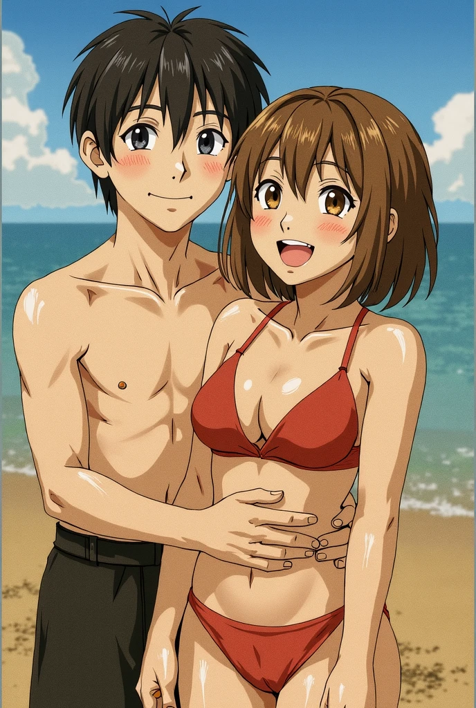 shinkai makoto, kimi no na wa., 1boy, nude, muscular, buzzcut, boy behind girl, touching chest, breatsgrope from behind, grab, grabbing chest,chestgrab behind back, hold breast, hug back, hugging, 1girl, bangs, black hair, brown eyes, short hair, hair ribbon,  smile, outdoors, summer, sexy pose, arms up, beach, open mouth, blush, looking at the viewer, cowboy shot, blue sky, happy, cloudy_sky, white bra, whit panties, masterpiece, masterpiece,