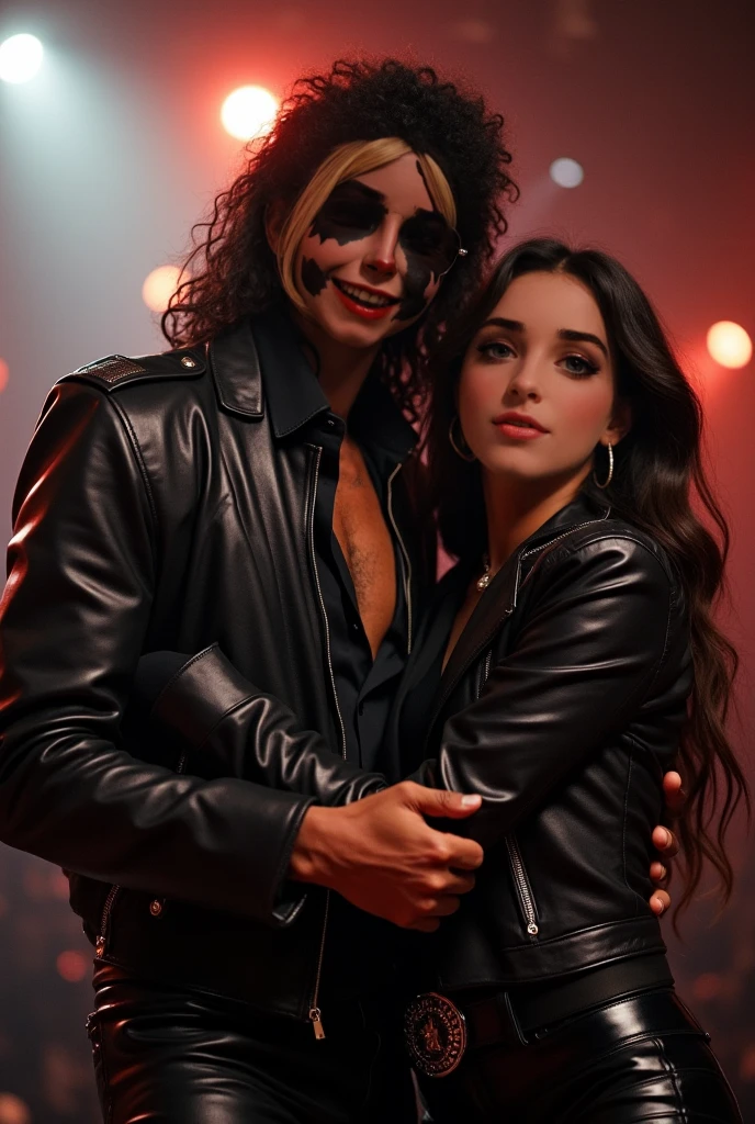 Pareja de rockeros vestidos con chaqueta de cuero negro y tachas en el recital de kiss