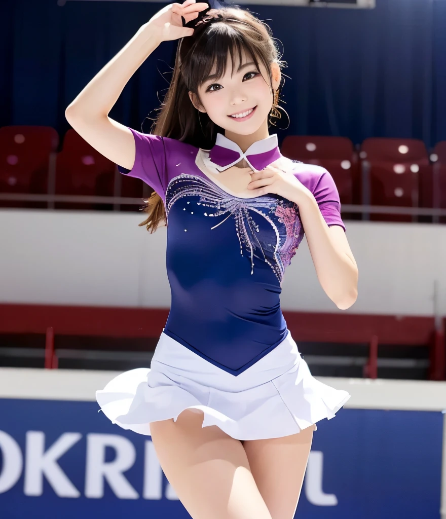 1 female、(super beautiful)、Beautiful pretty girl(beautiful face:1.6)、(detailed face:1.5)、(fine eyes:1.1)、(lip details:1.1)、(detailed nose:1.1)、(brown hair)、(doing figure skating)、(he女'he'リンクでスケートをしているのはheだけです.:1.2)、(anatomically correct movement:1.3)、(purple costume)、(white panties under skirt:1.2)、(Clothes:1.5)、(skating rink with spectators)、(At SFW:1.5)、stick out your buttocks hard、Her buttocks and crotch are clearly visible from behind through the mini pleated skirt.、debut costume